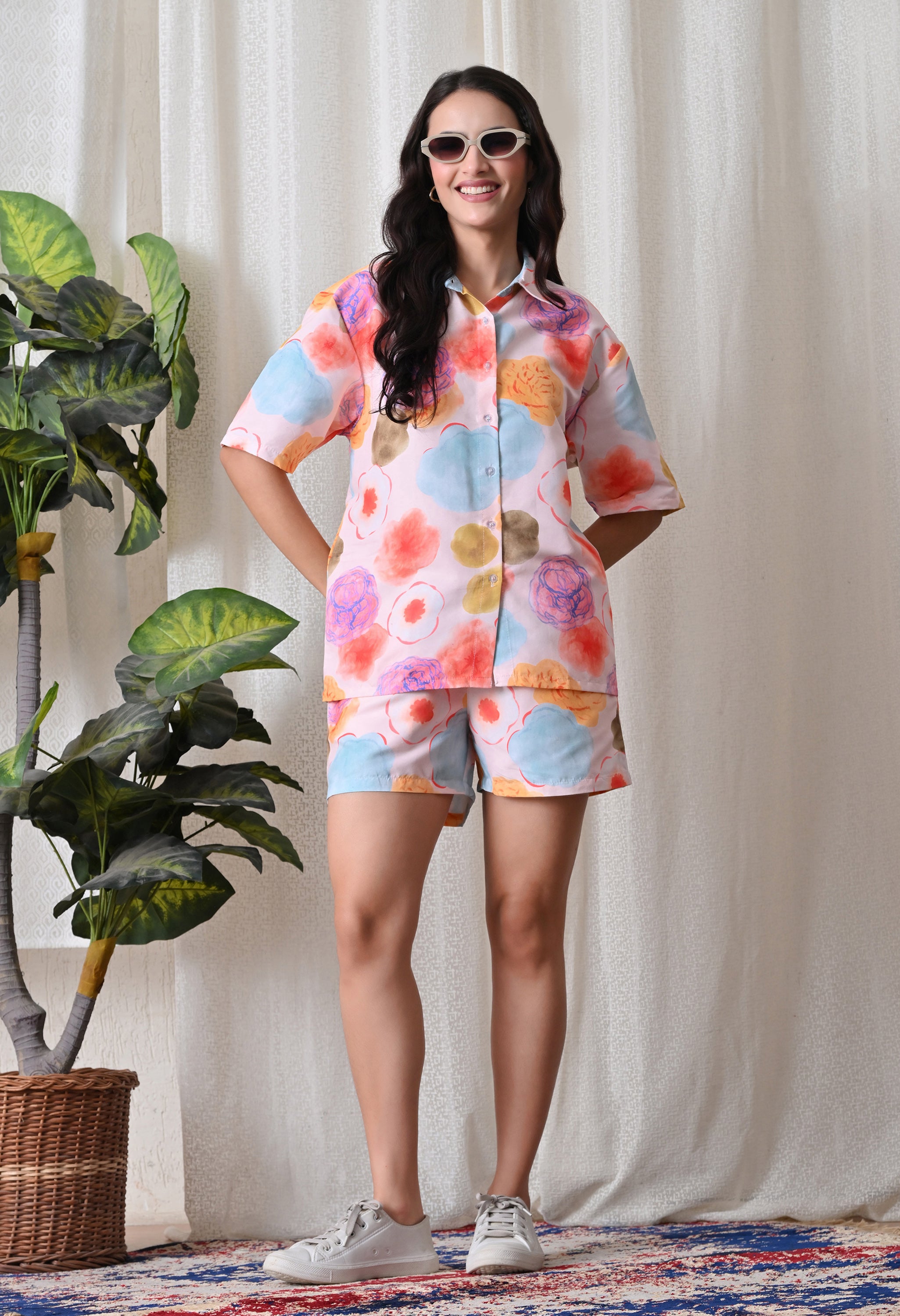 Powder Pink Abstract Floral Printed Japanese Blend Cotton Shirt & Short Set by Ameerah