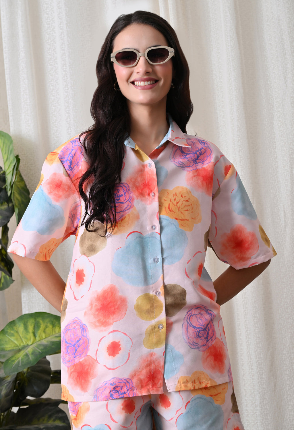 Powder Pink Abstract Floral Printed Japanese Blend Cotton Shirt & Short Set by Ameerah