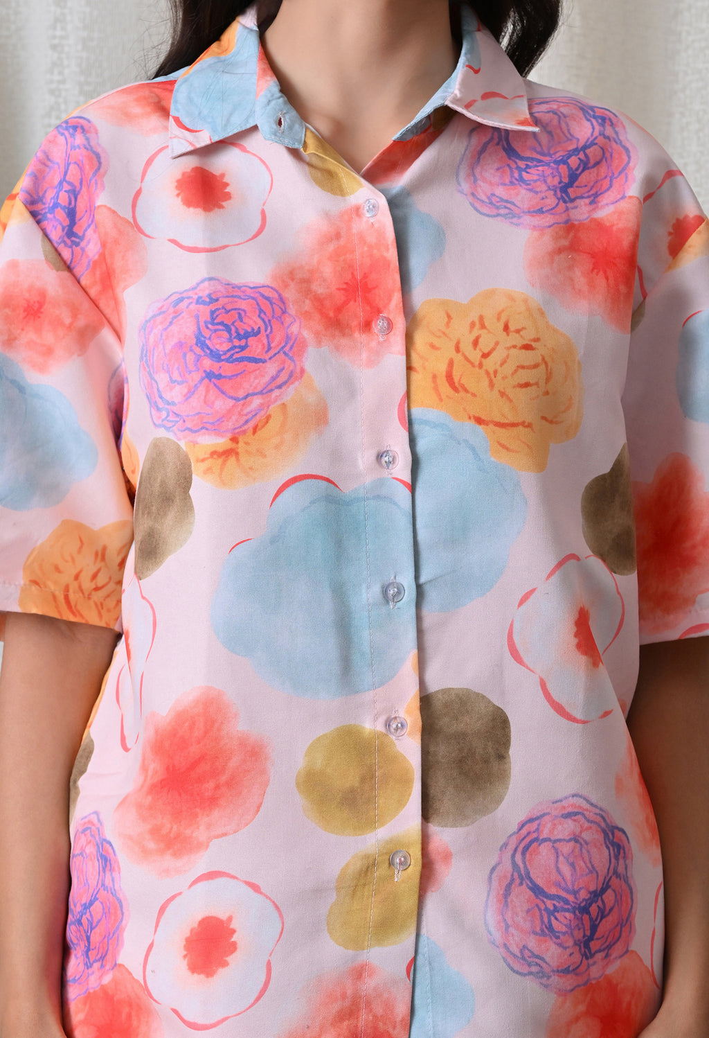 Powder Pink Abstract Floral Printed Japanese Blend Cotton Shirt & Short Set by Ameerah