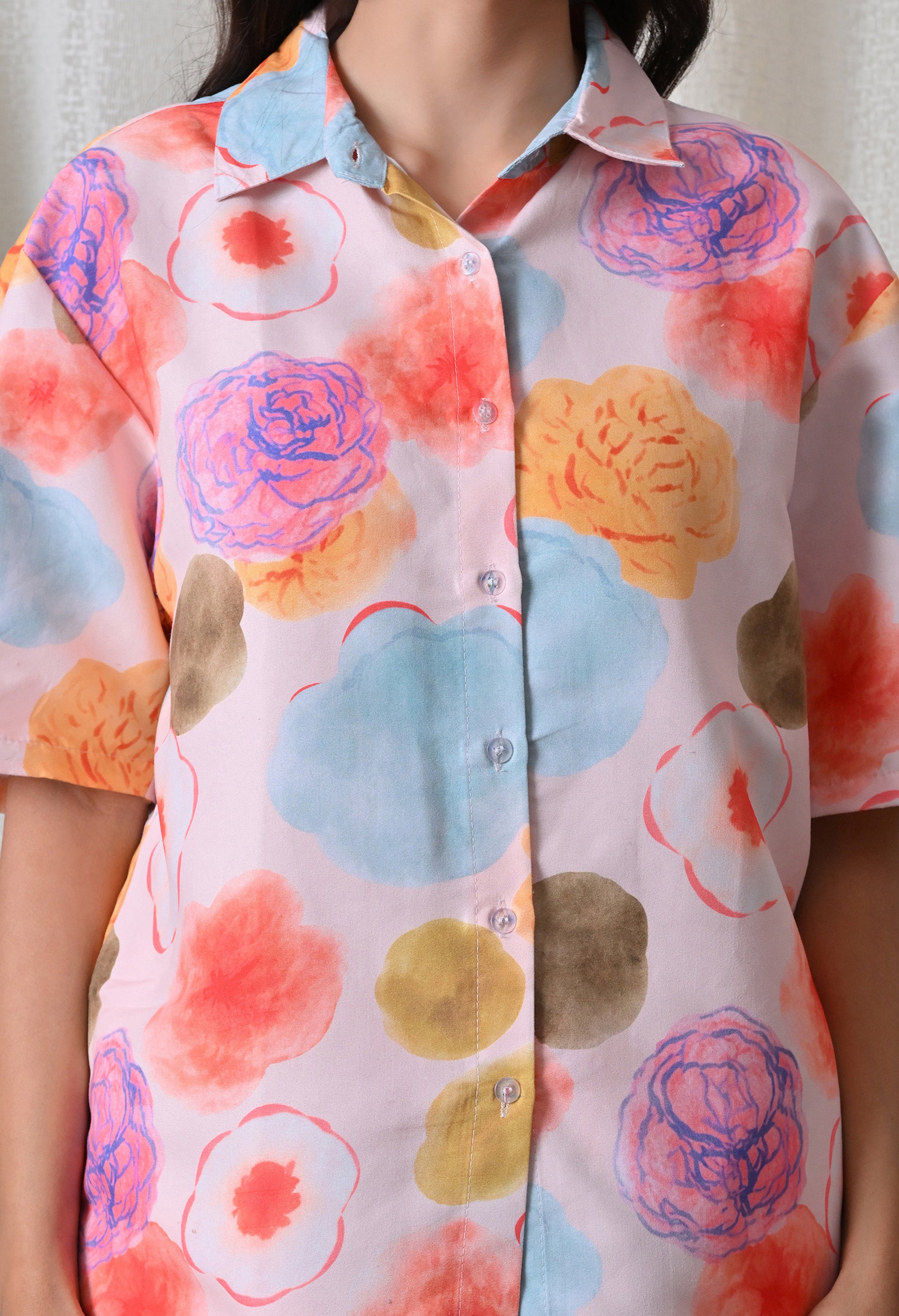 Powder Pink Abstract Floral Printed Japanese Blend Cotton Shirt & Short Set by Ameerah