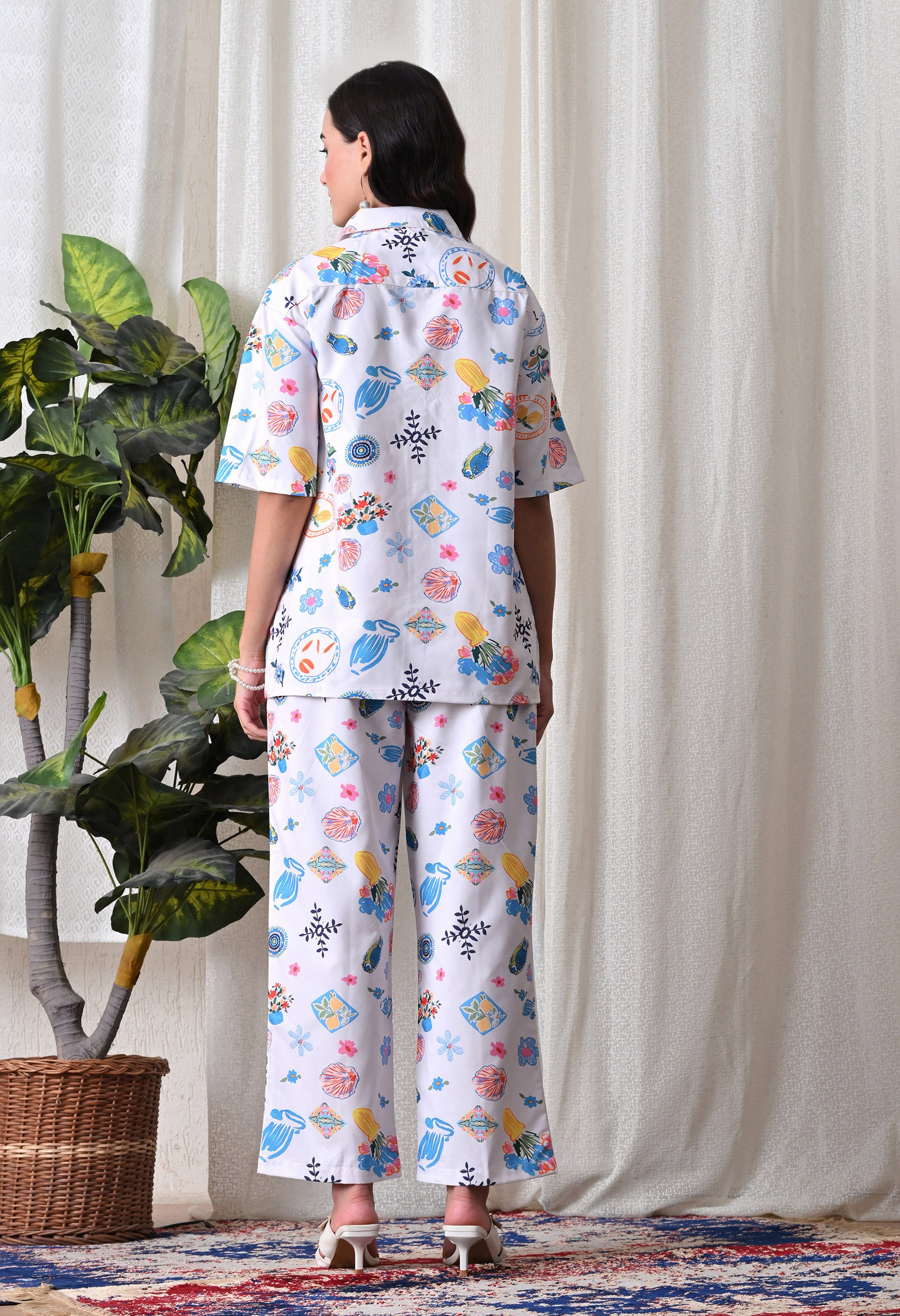 Lilac Multi Motif Printed Japanese Blend Cotton Shirt & Pyjama Set by Ameerah