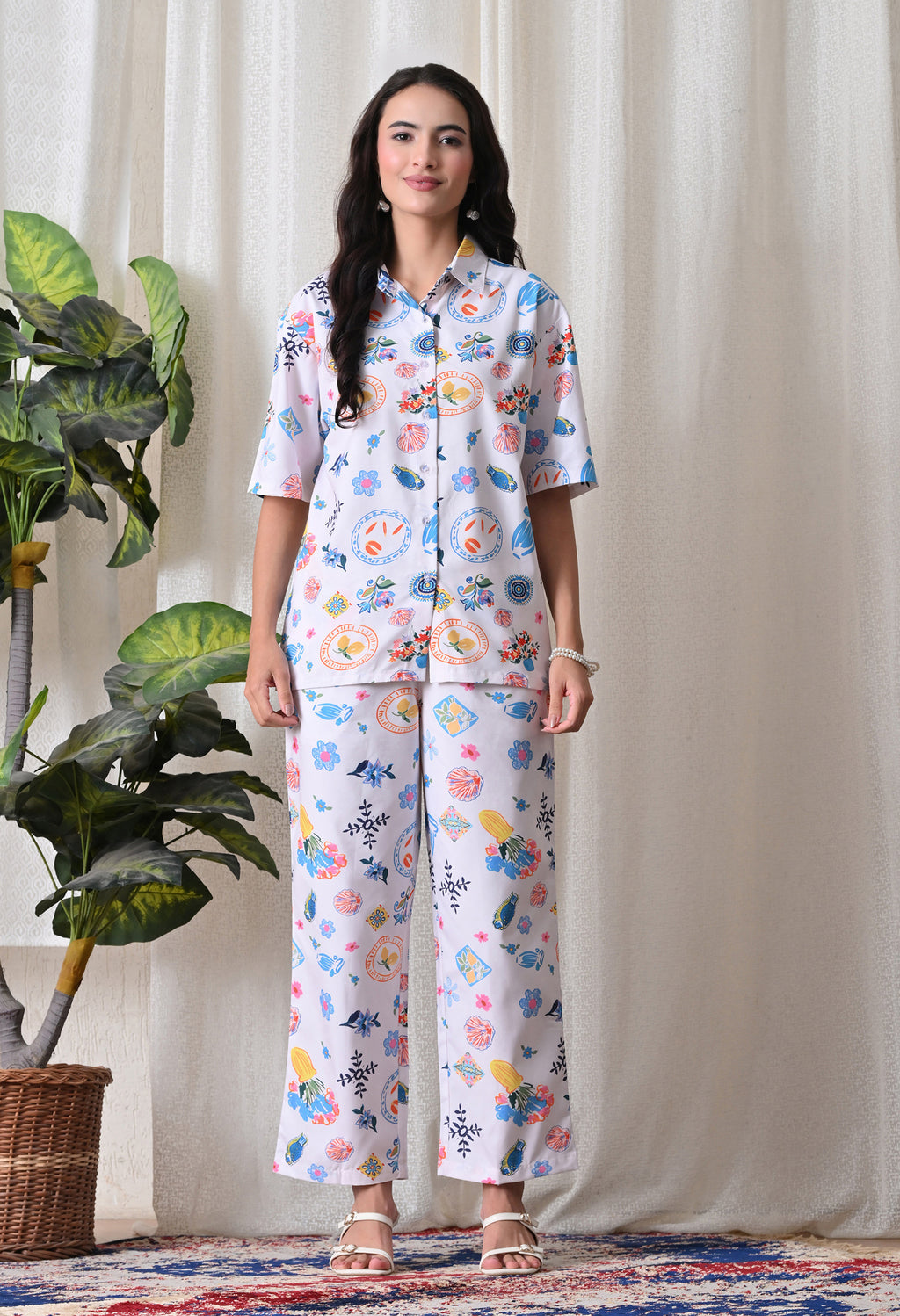 Lilac Multi Motif Printed Japanese Blend Cotton Shirt & Pyjama Set by Ameerah