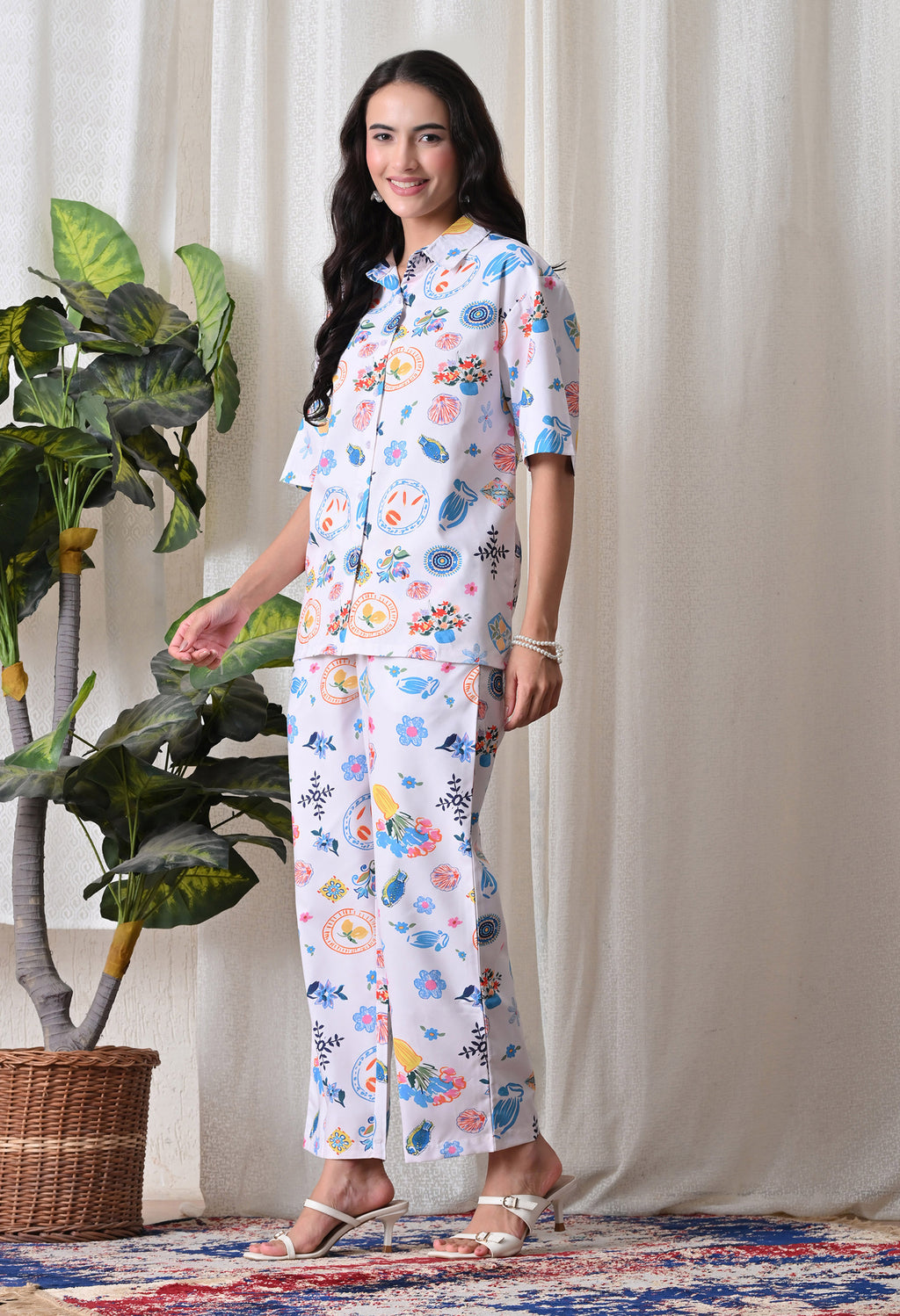 Lilac Multi Motif Printed Japanese Blend Cotton Shirt & Pyjama Set by Ameerah