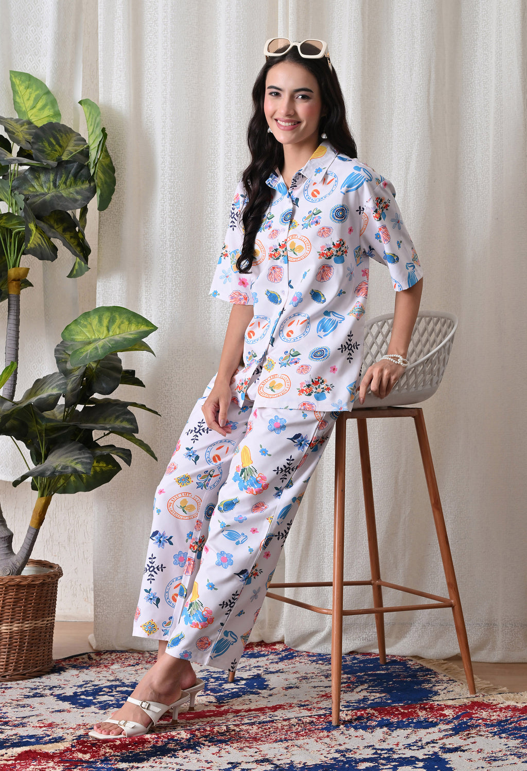 Lilac Multi Motif Printed Japanese Blend Cotton Shirt & Pyjama Set by Ameerah