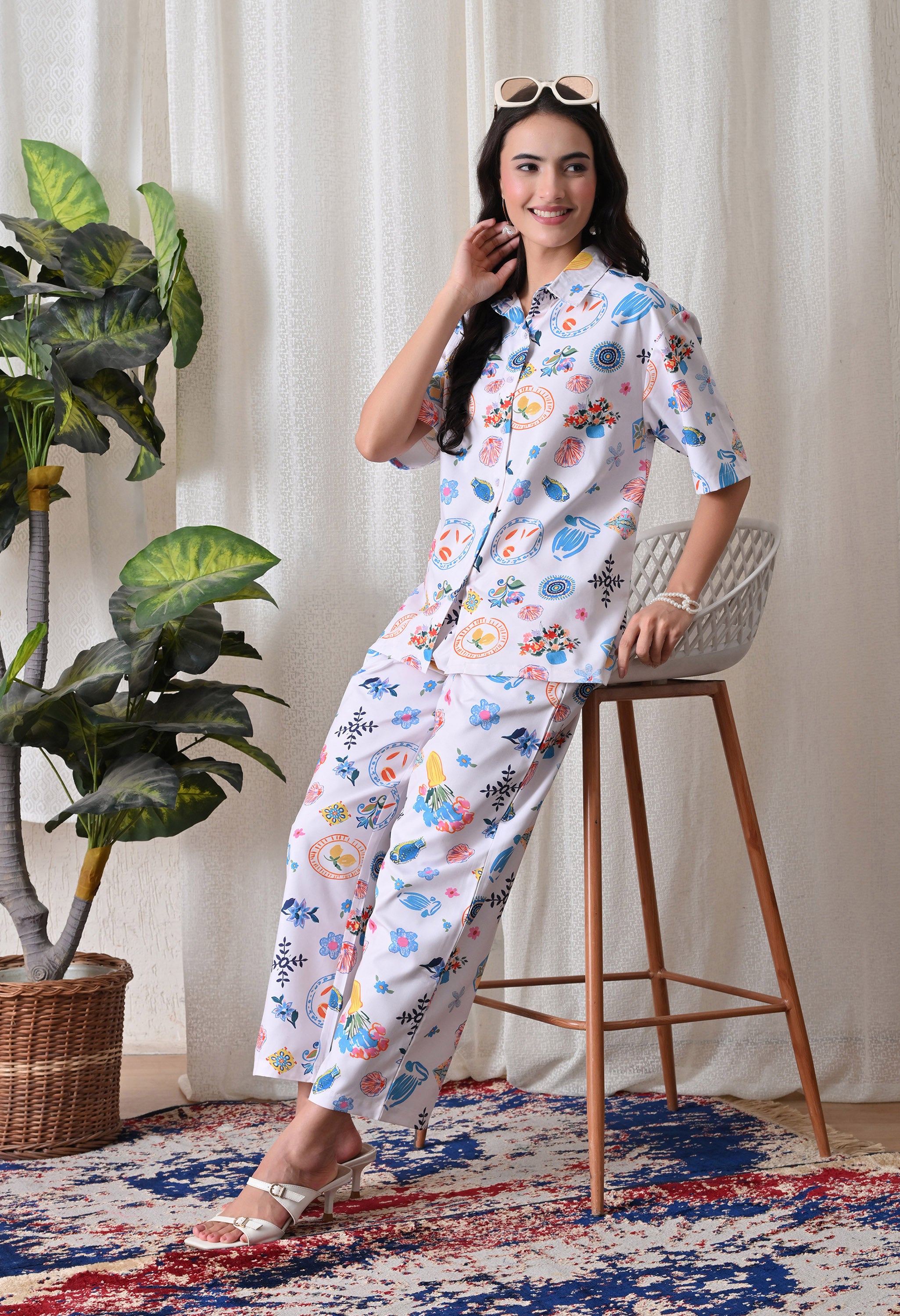 Lilac Multi Motif Printed Japanese Blend Cotton Shirt & Pyjama Set by Ameerah