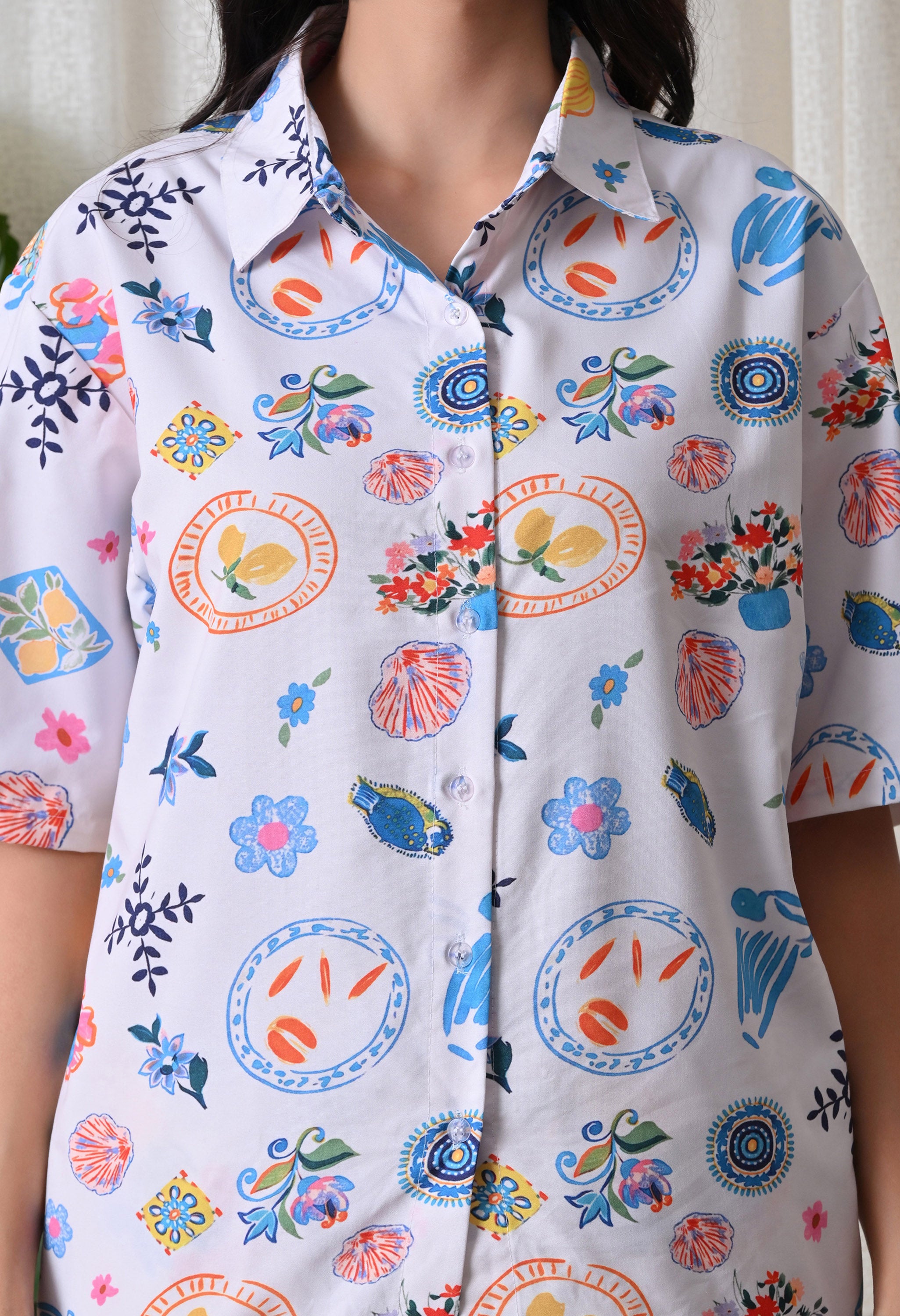 Lilac Multi Motif Printed Japanese Blend Cotton Shirt & Pyjama Set by Ameerah