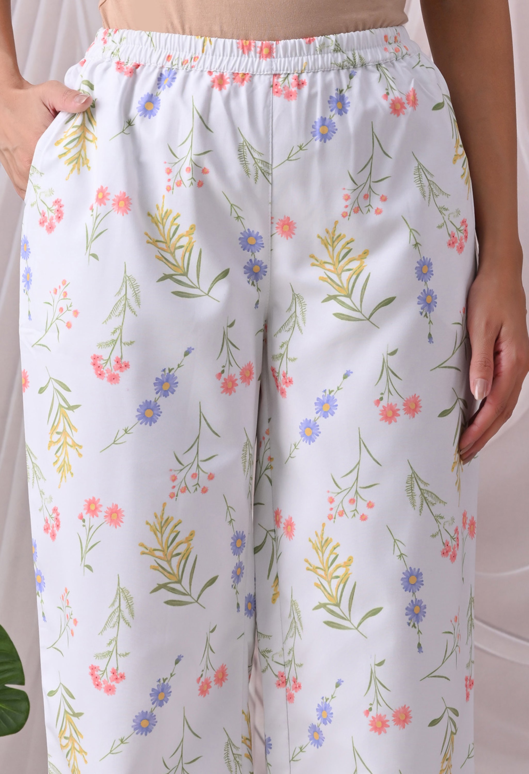 Powder Blue Floral Printed Japanese Blend Cotton Nightsuit Set by Ameerah