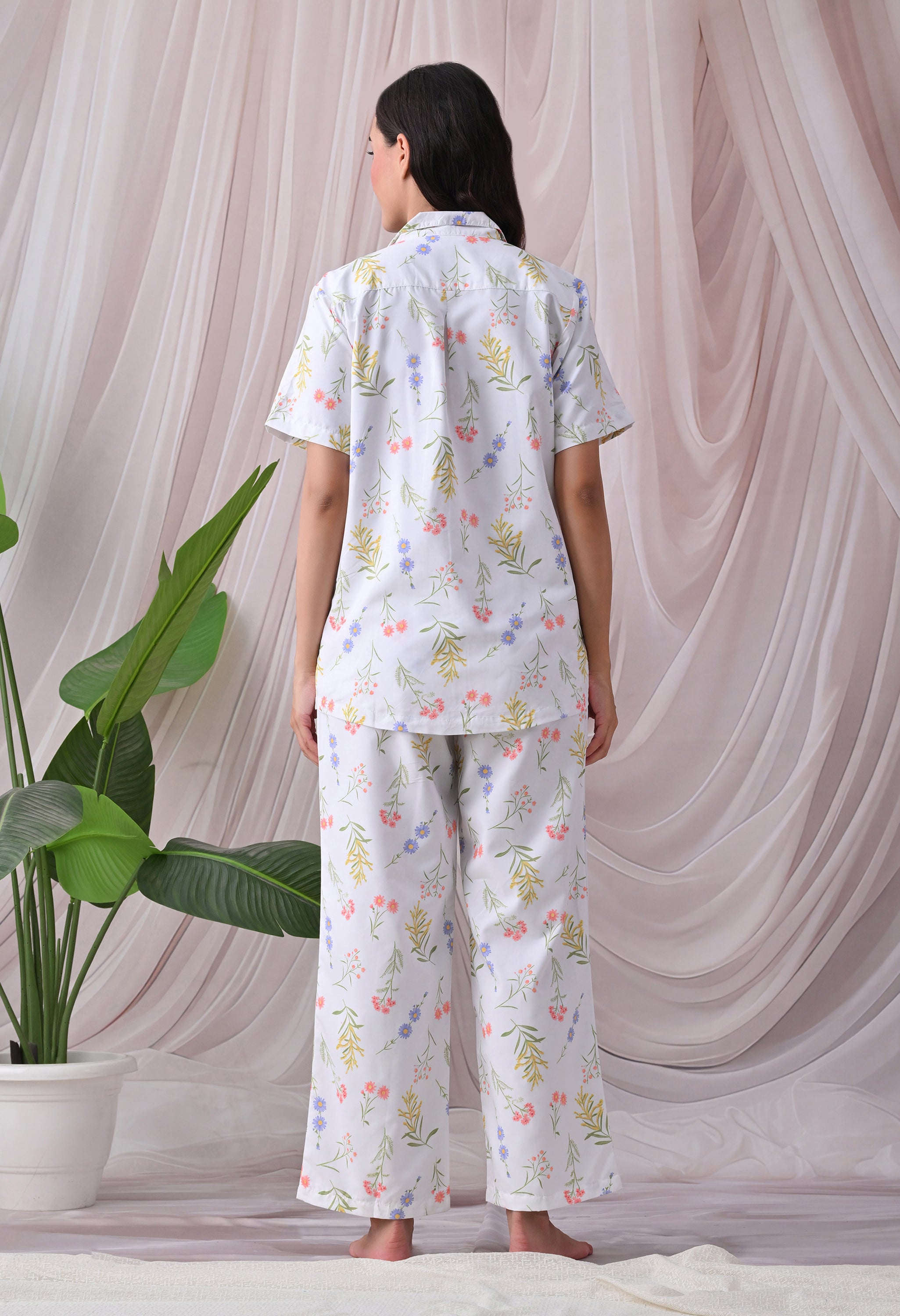 Powder Blue Floral Printed Japanese Blend Cotton Nightsuit Set by Ameerah