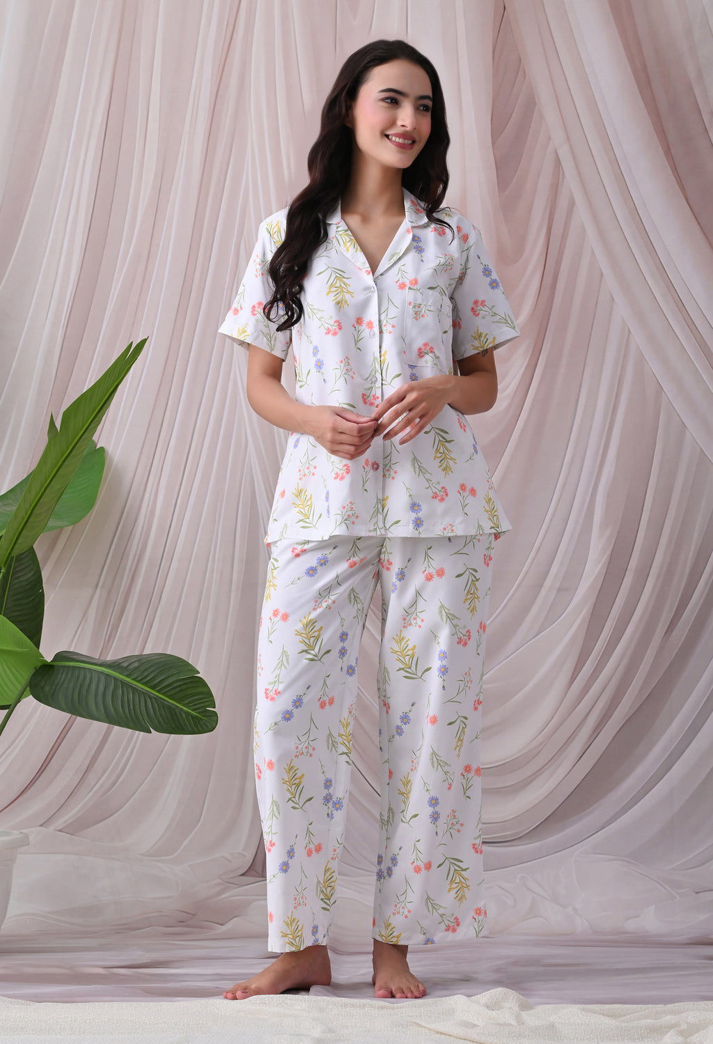 Powder Blue Floral Printed Japanese Blend Cotton Nightsuit Set by Ameerah