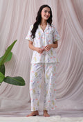 Powder Blue Floral Printed Japanese Blend Cotton Nightsuit Set by Ameerah