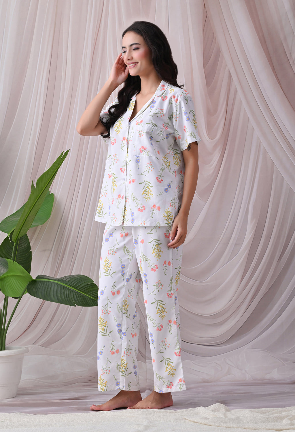 Powder Blue Floral Printed Japanese Blend Cotton Nightsuit Set by Ameerah