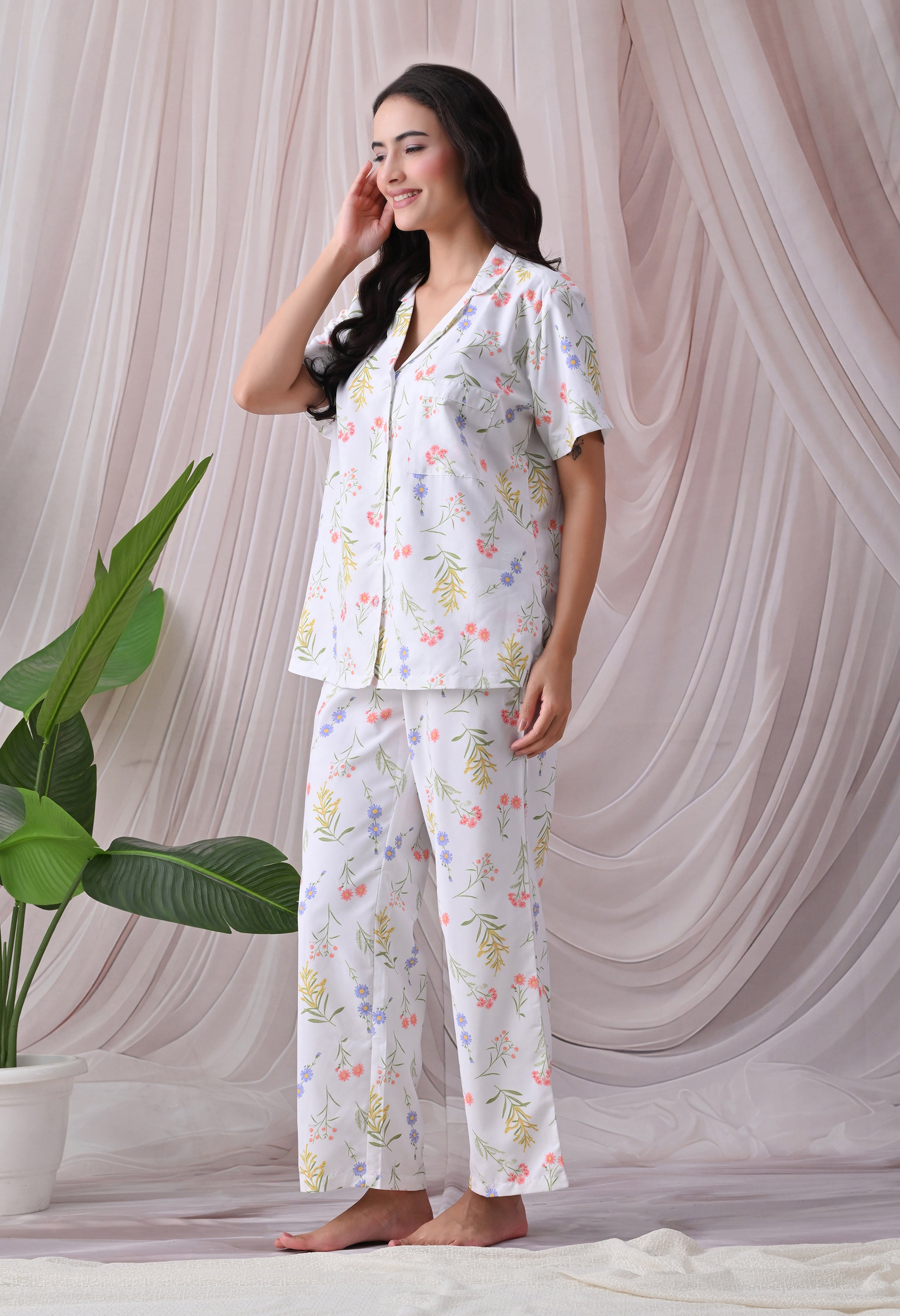 Powder Blue Floral Printed Japanese Blend Cotton Nightsuit Set by Ameerah