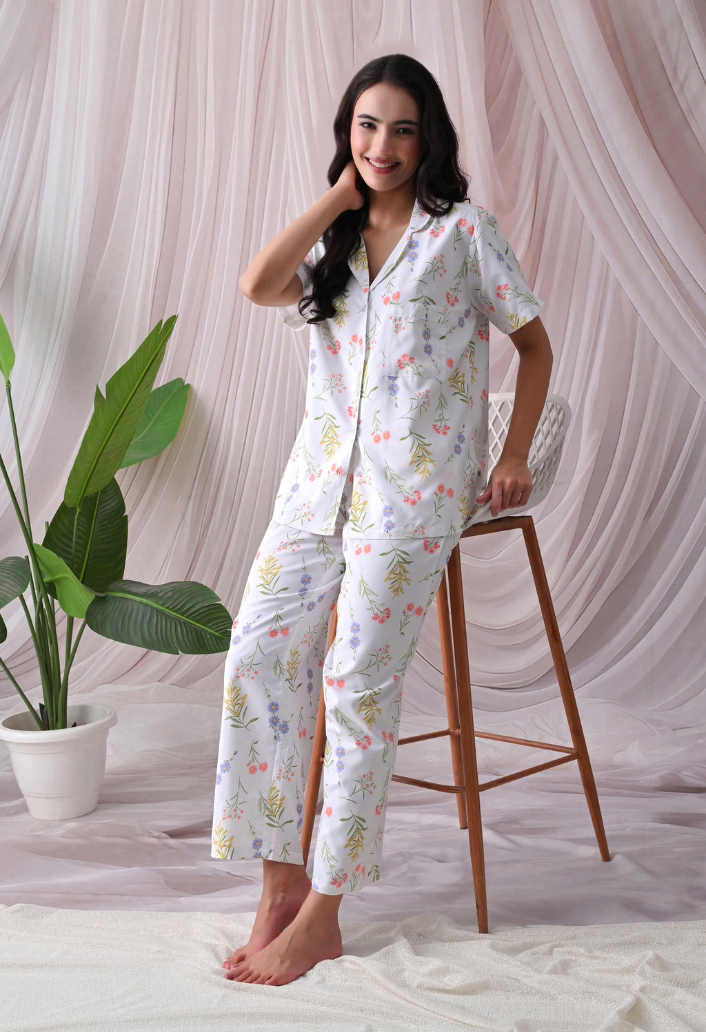 Powder Blue Floral Printed Japanese Blend Cotton Nightsuit Set by Ameerah