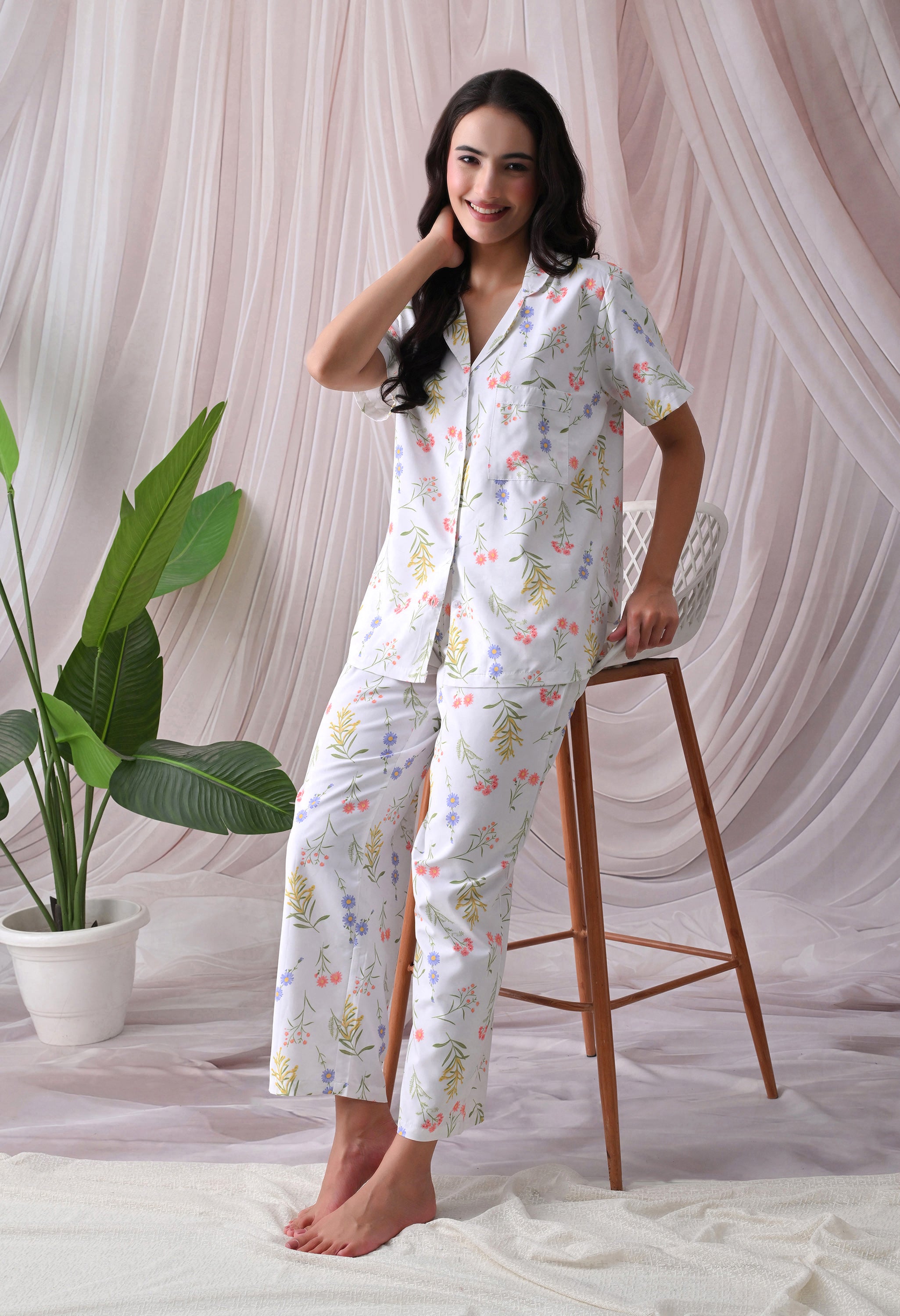 Powder Blue Floral Printed Japanese Blend Cotton Nightsuit Set by Ameerah