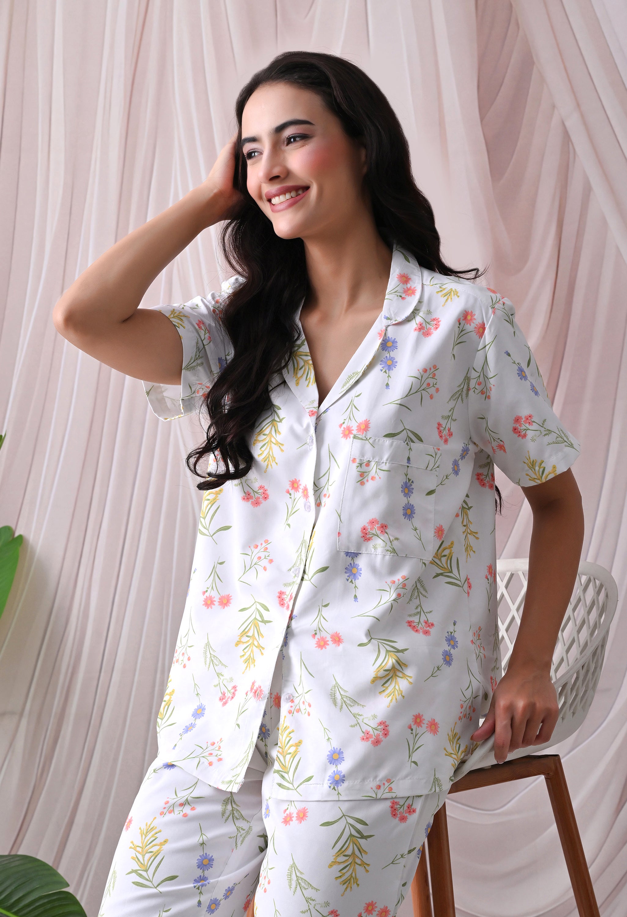 Powder Blue Floral Printed Japanese Blend Cotton Nightsuit Set by Ameerah