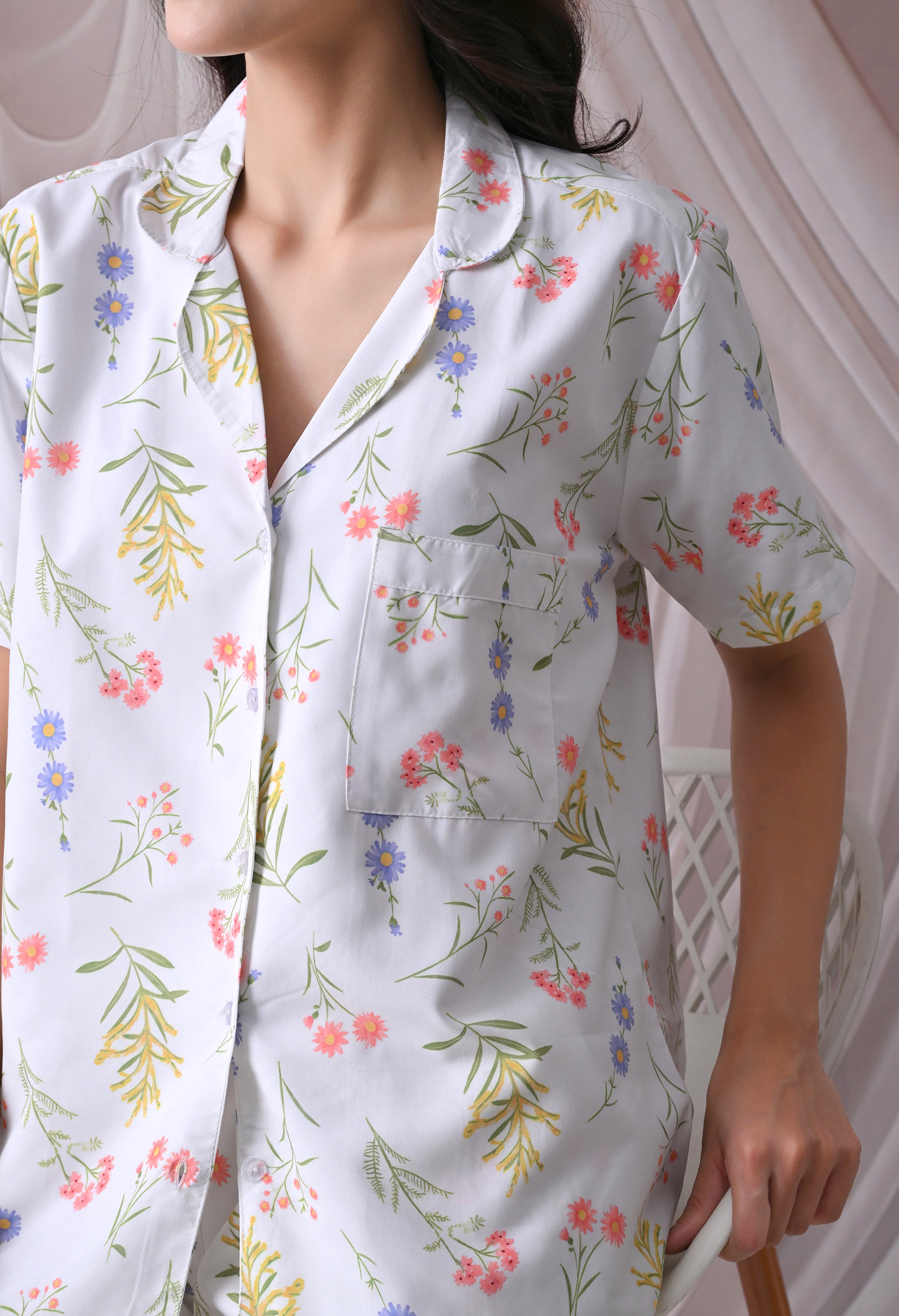 Powder Blue Floral Printed Japanese Blend Cotton Nightsuit Set by Ameerah