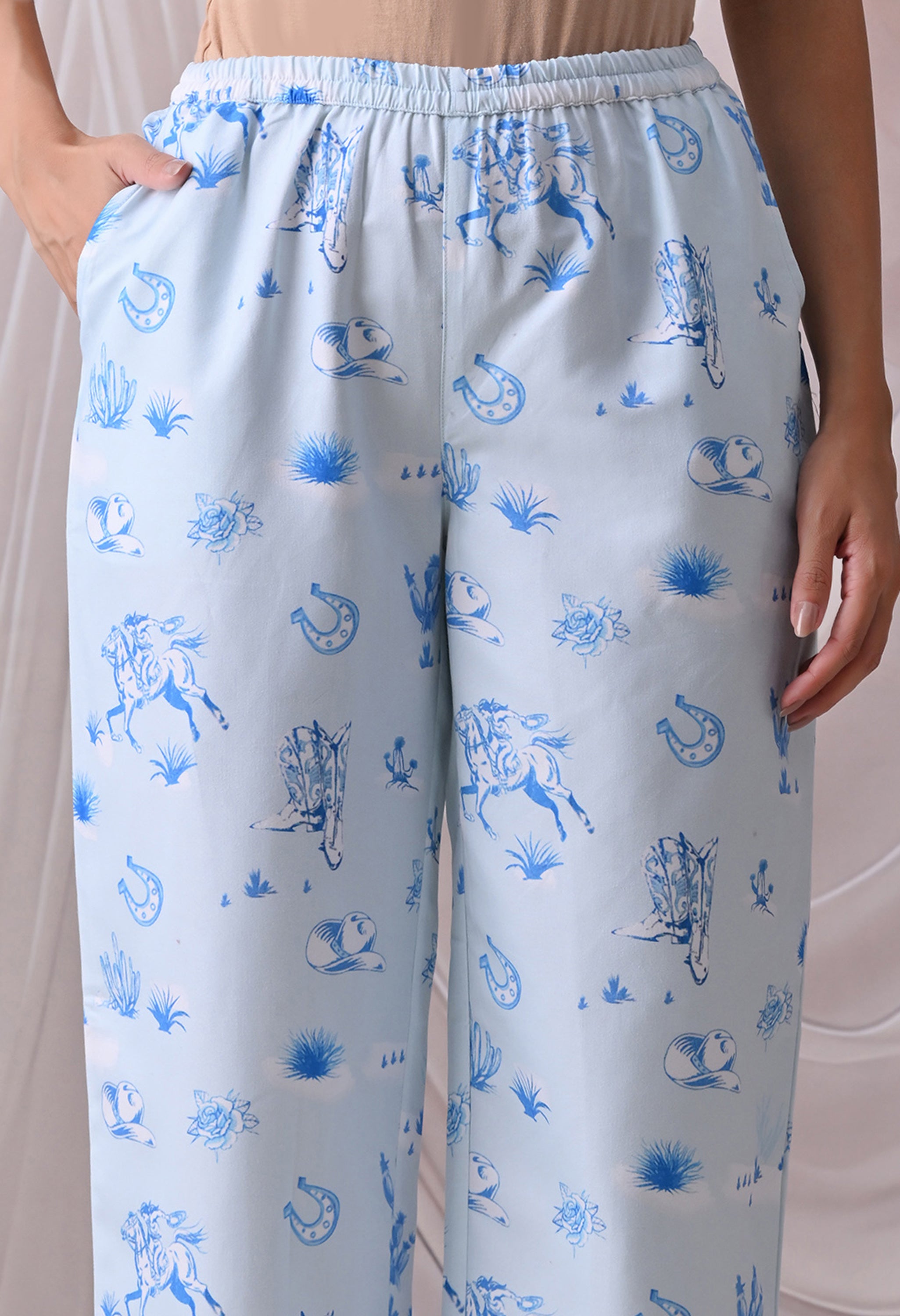 Sky Blue Western Motif Printed Japanese Blend Cotton Nightsuit Set by Ameerah