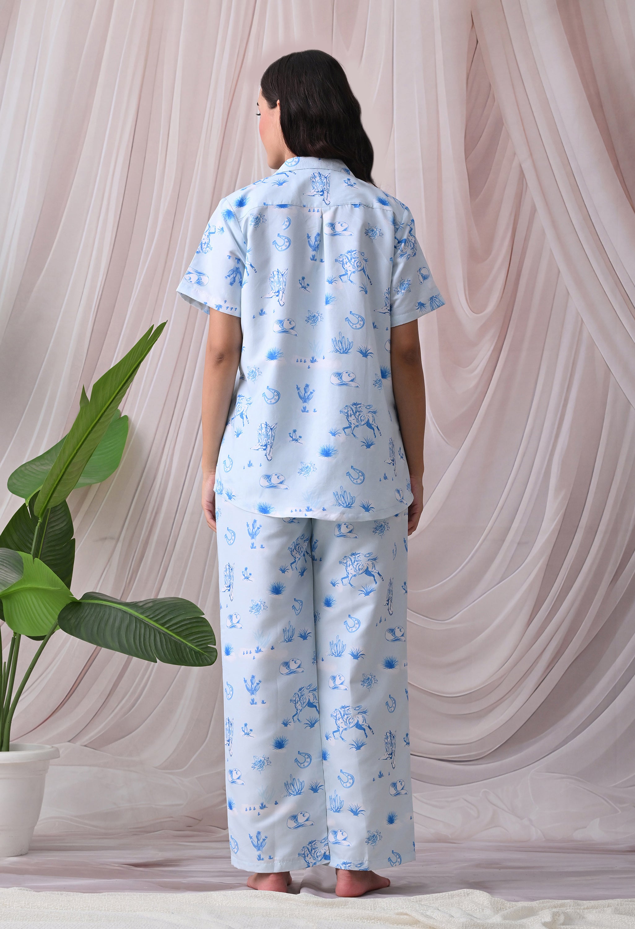 Sky Blue Western Motif Printed Japanese Blend Cotton Nightsuit Set by Ameerah