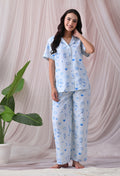 Sky Blue Western Motif Printed Japanese Blend Cotton Nightsuit Set by Ameerah