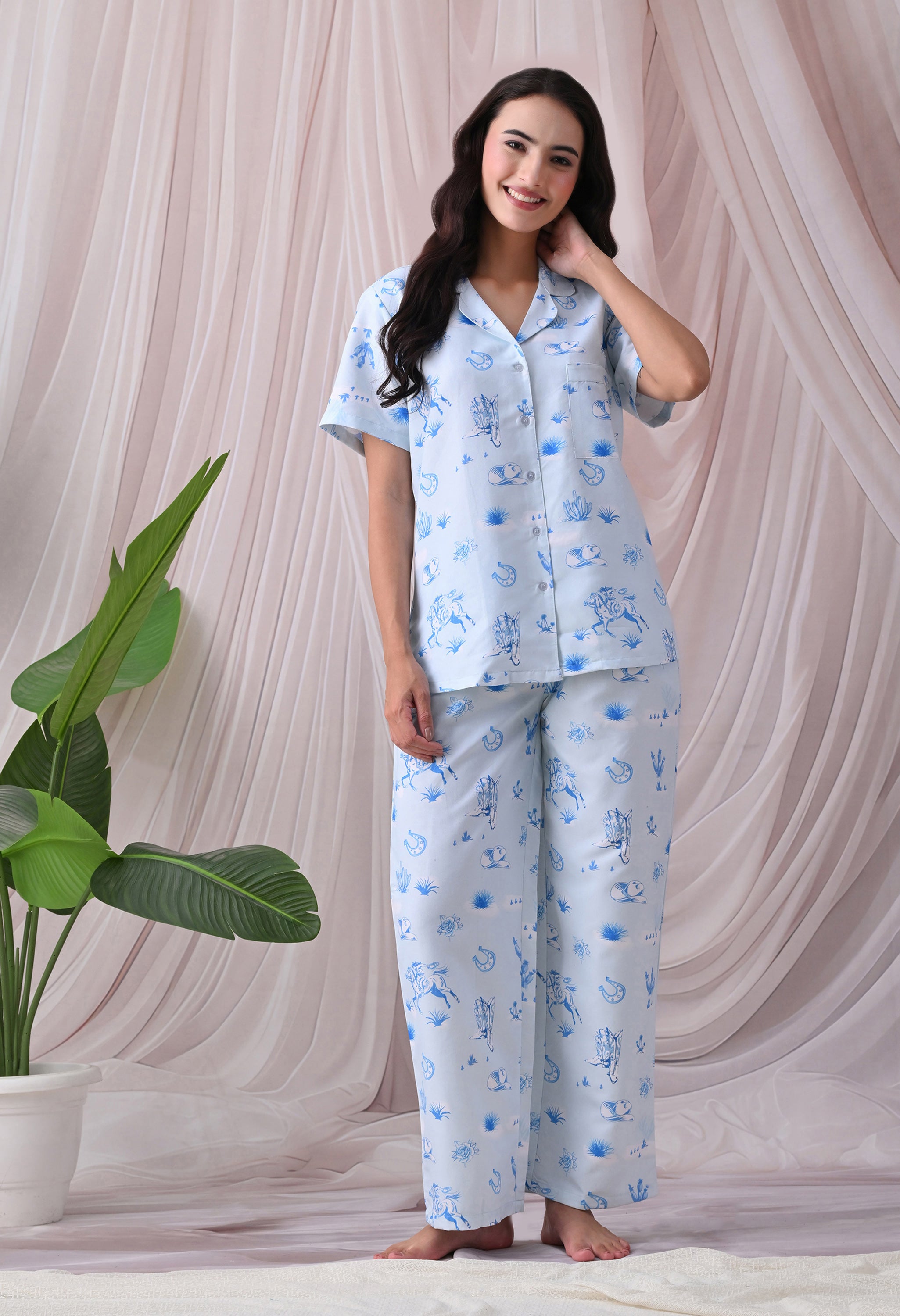Sky Blue Western Motif Printed Japanese Blend Cotton Nightsuit Set by Ameerah