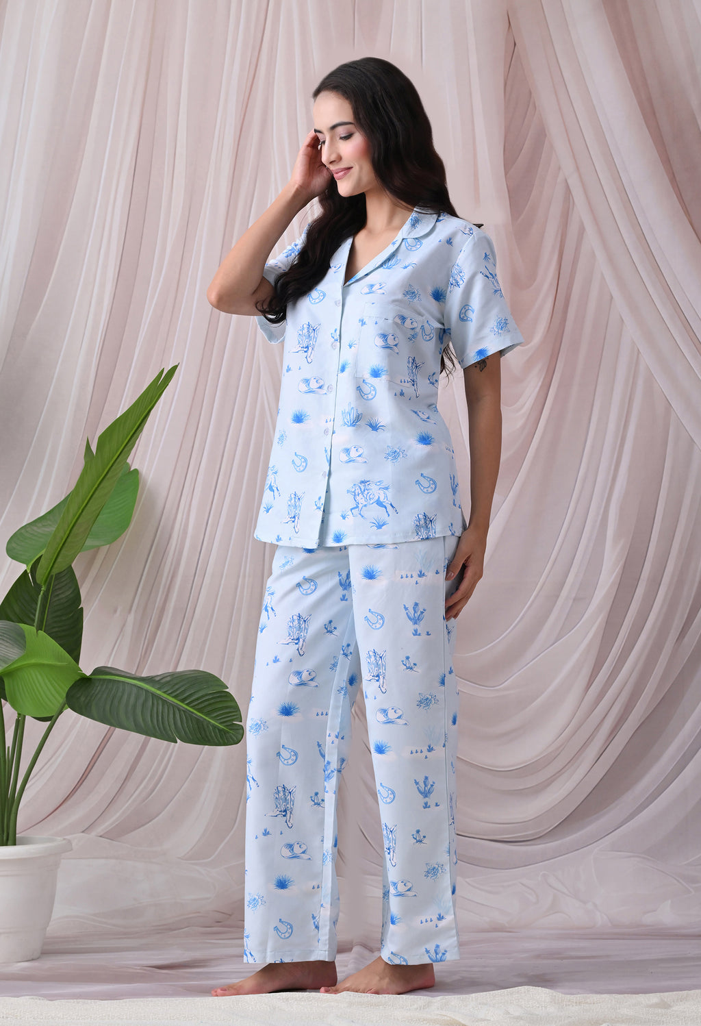 Sky Blue Western Motif Printed Japanese Blend Cotton Nightsuit Set by Ameerah