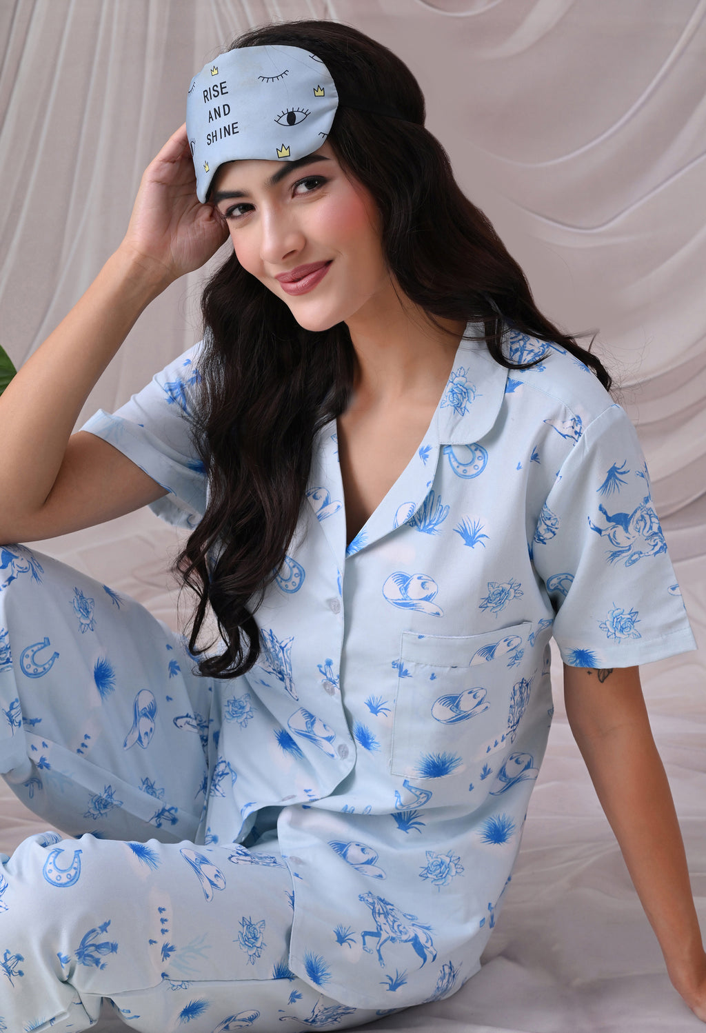Sky Blue Western Motif Printed Japanese Blend Cotton Nightsuit Set by Ameerah