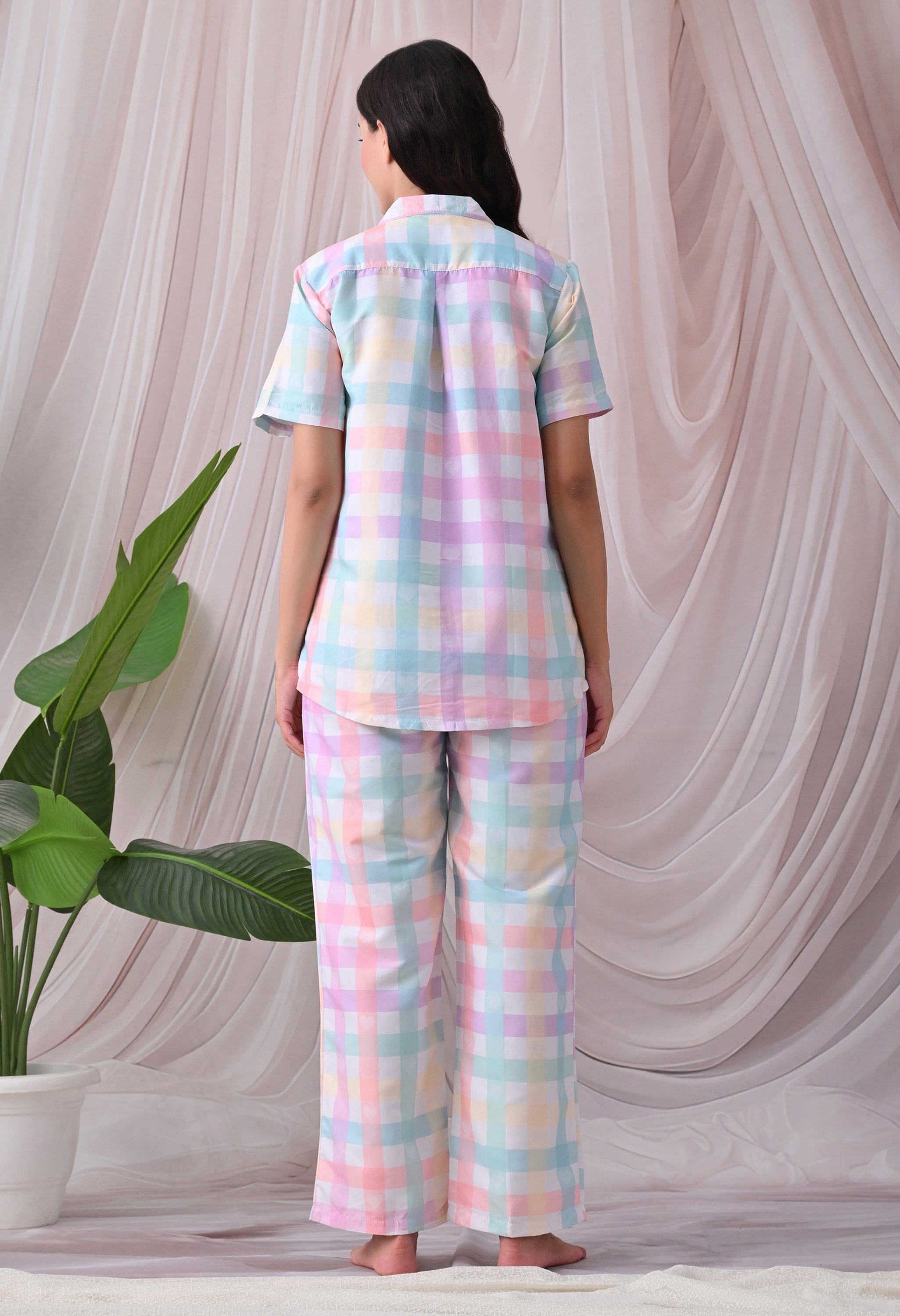 Candy Pastel Checkered Printed Japanese Blend Cotton Nightsuit Set by Ameerah