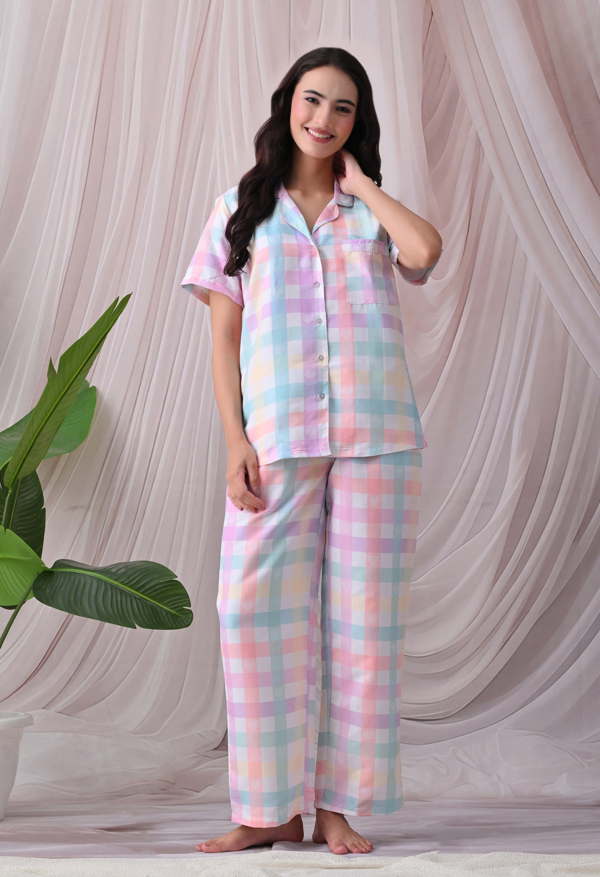 Candy Pastel Checkered Printed Japanese Blend Cotton Nightsuit Set by Ameerah