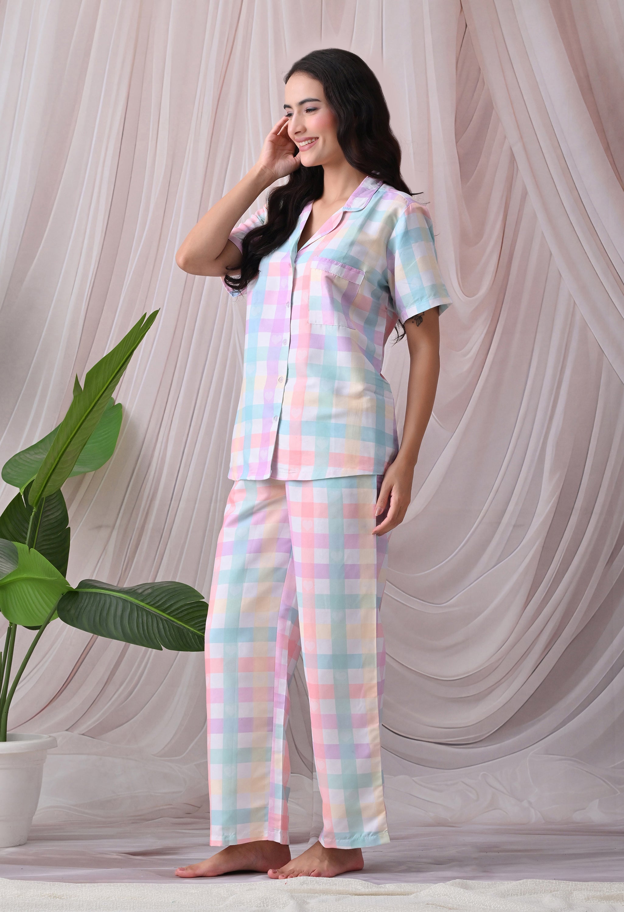 Candy Pastel Checkered Printed Japanese Blend Cotton Nightsuit Set by Ameerah