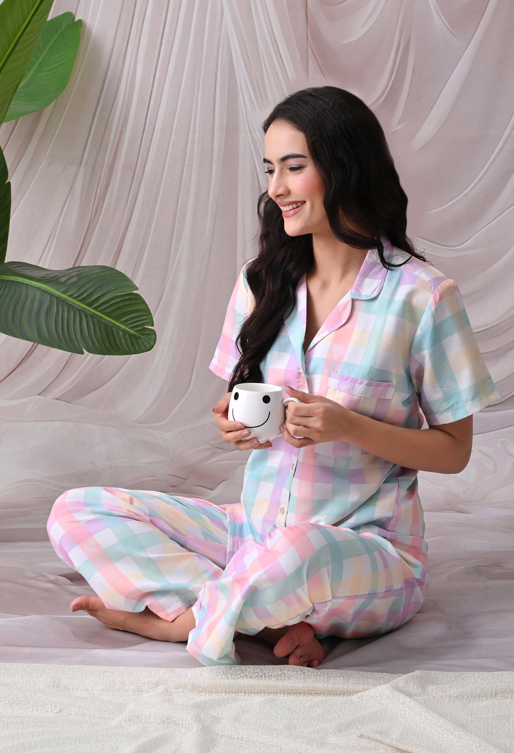 Candy Pastel Checkered Printed Japanese Blend Cotton Nightsuit Set by Ameerah