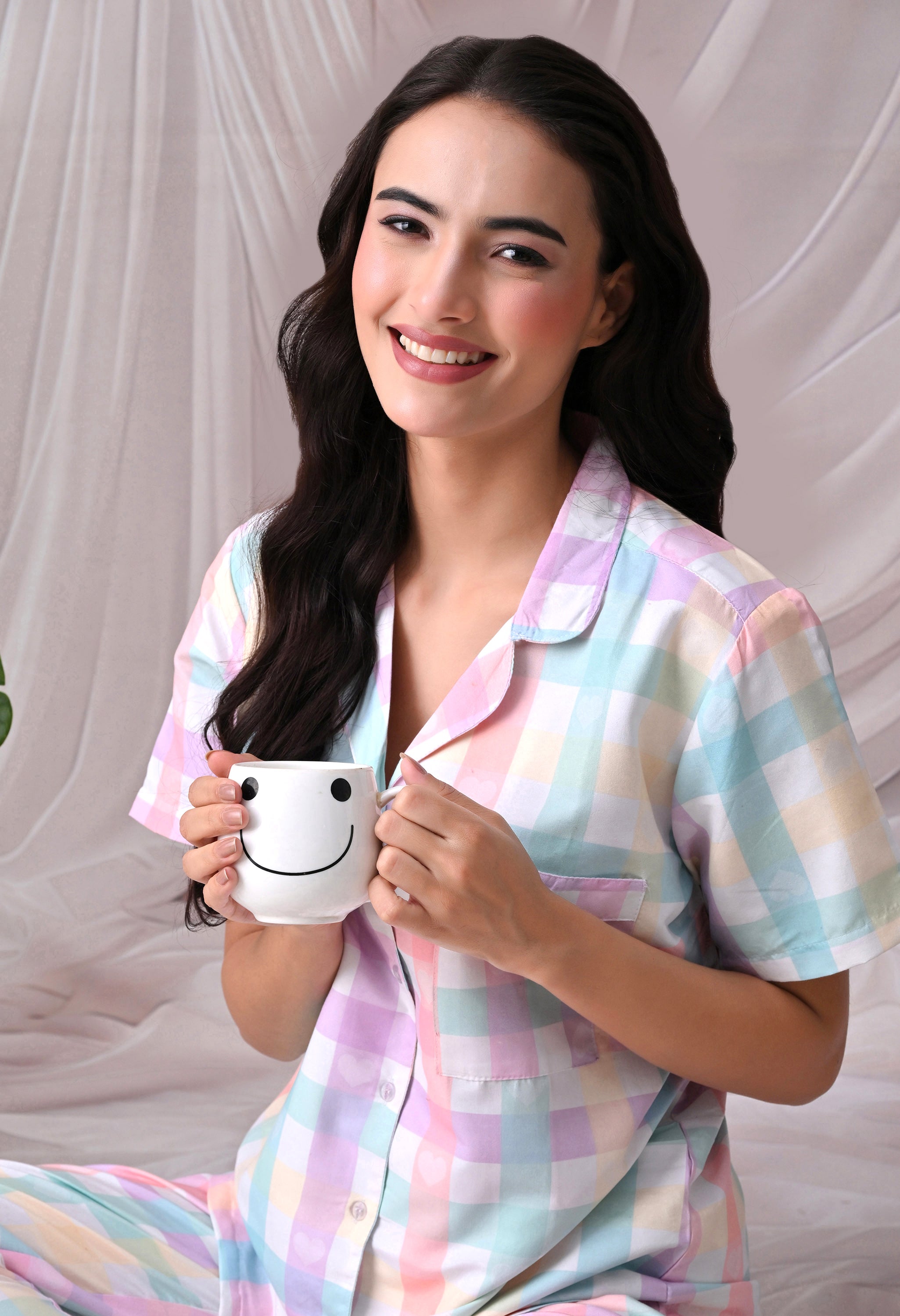 Candy Pastel Checkered Printed Japanese Blend Cotton Nightsuit Set by Ameerah