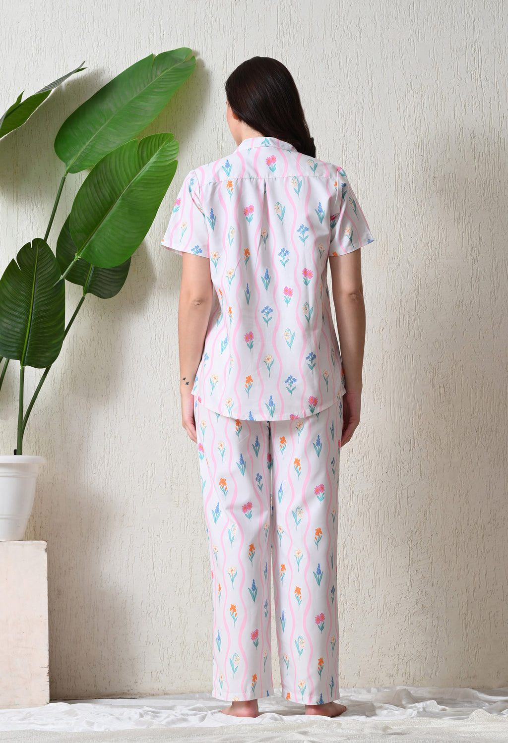 White Floral Butta Printed Japanese Blend Cotton Nightsuit Set by Ameerah