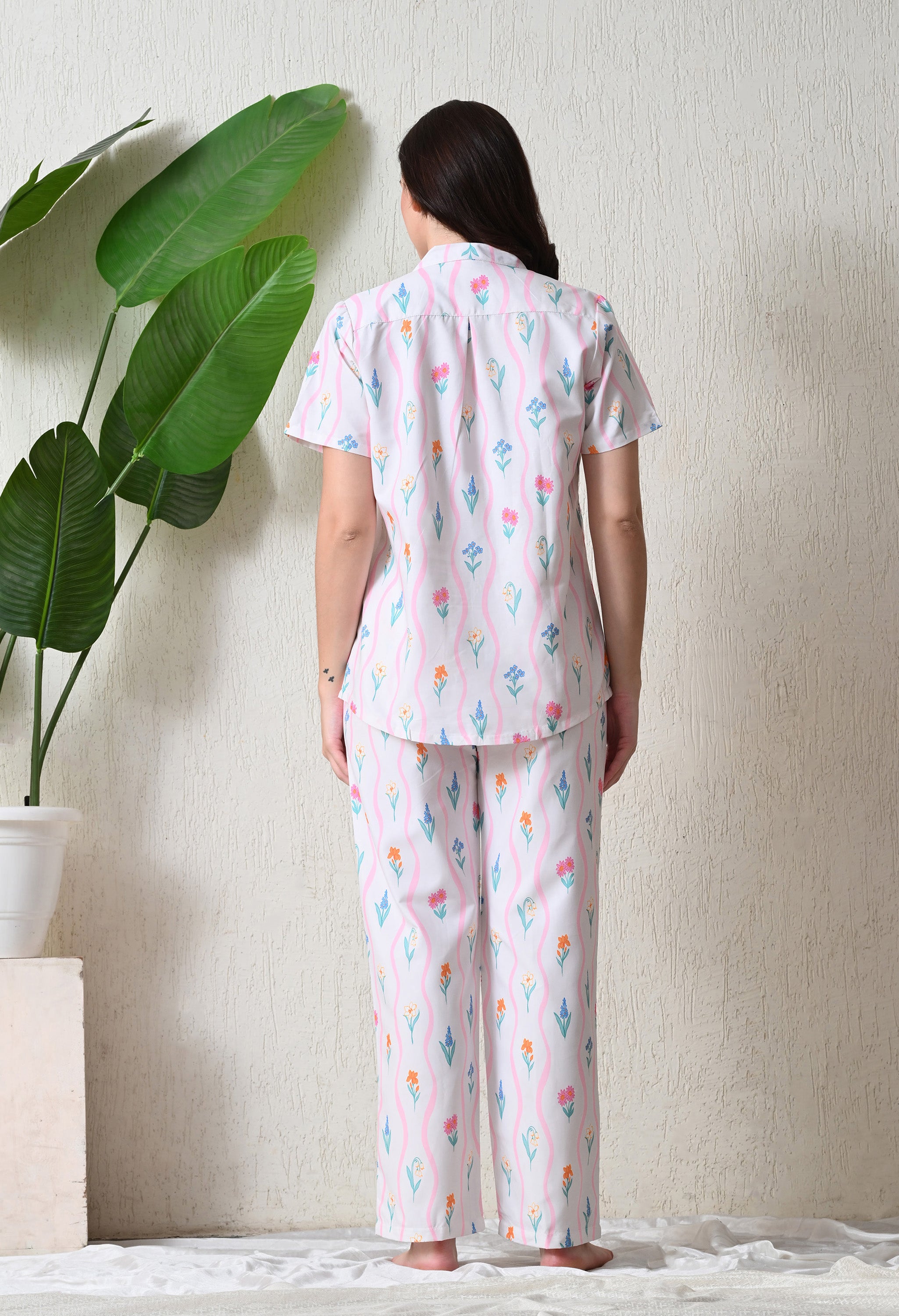 White Floral Butta Printed Japanese Blend Cotton Nightsuit Set by Ameerah