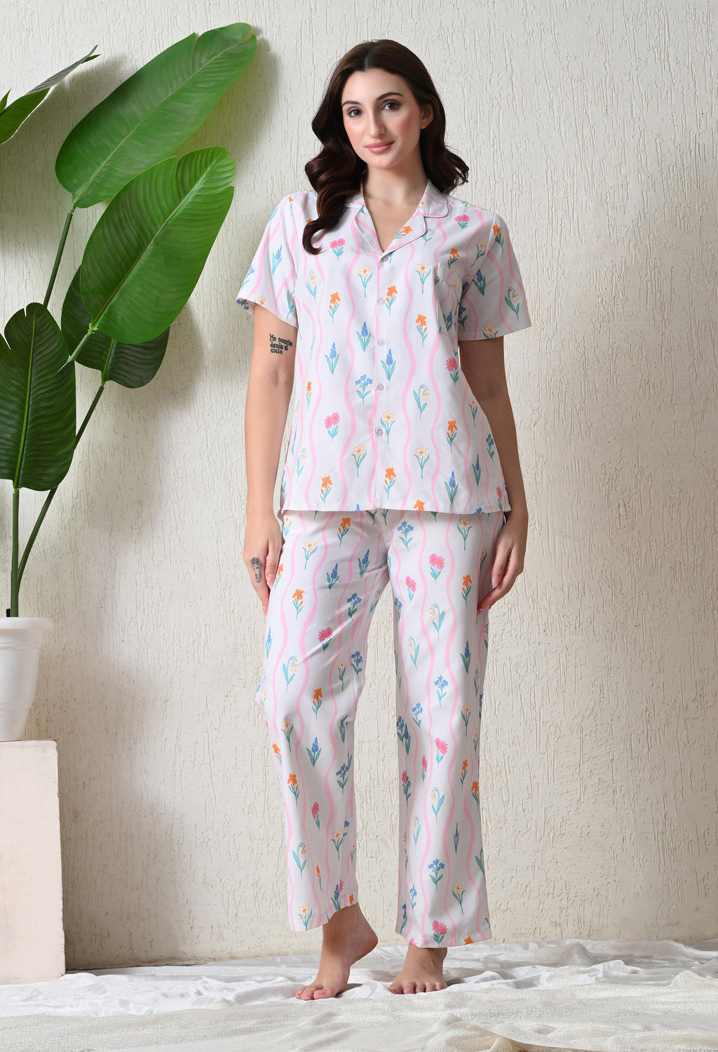 White Floral Butta Printed Japanese Blend Cotton Nightsuit Set by Ameerah