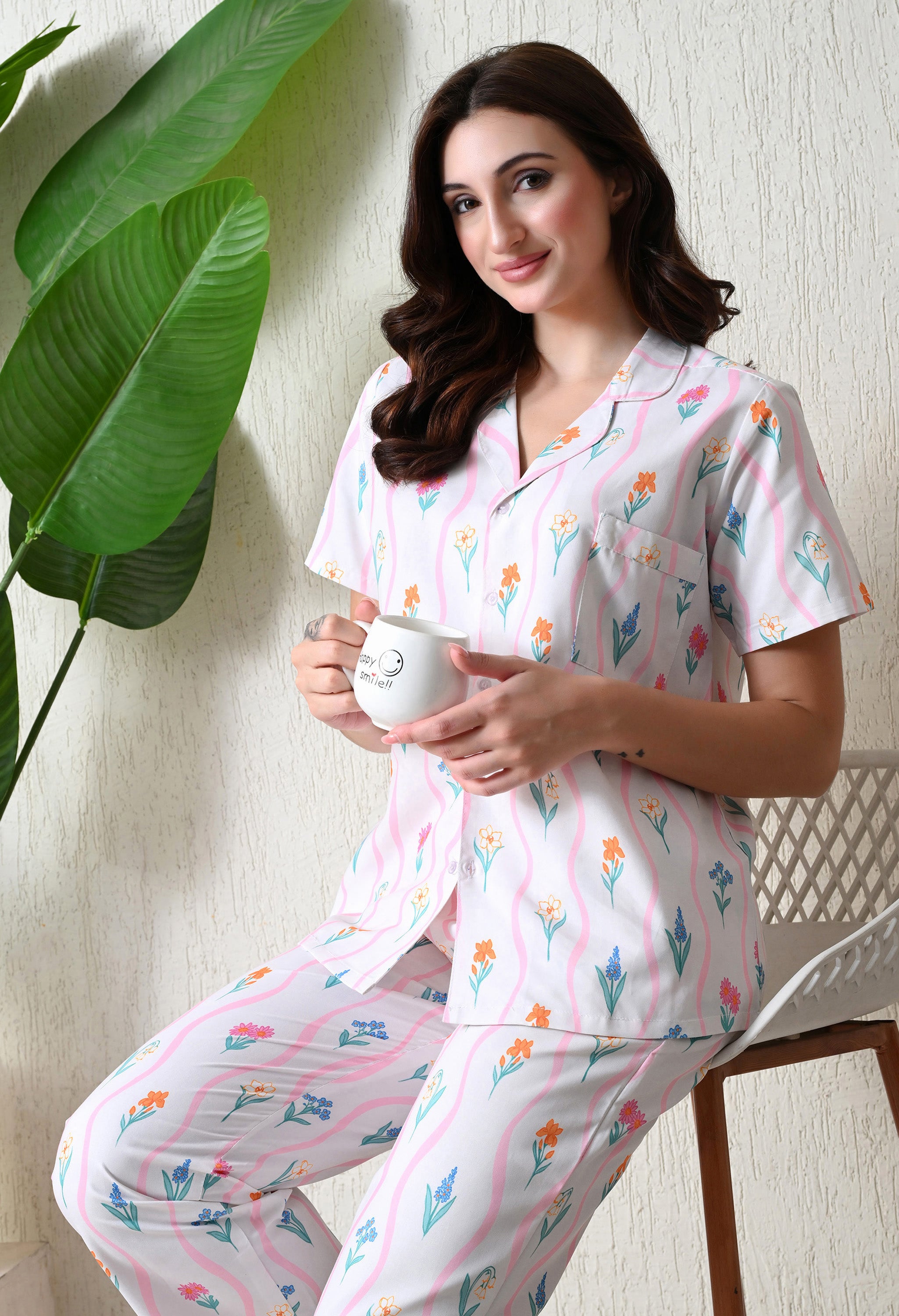 White Floral Butta Printed Japanese Blend Cotton Nightsuit Set by Ameerah