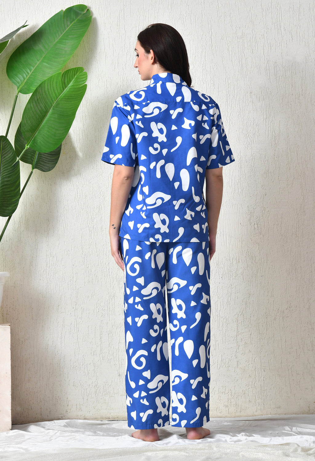 Royal Blue Abstract Printed Japanese Blend Cotton Shirt & Pyjama Set by Ameerah