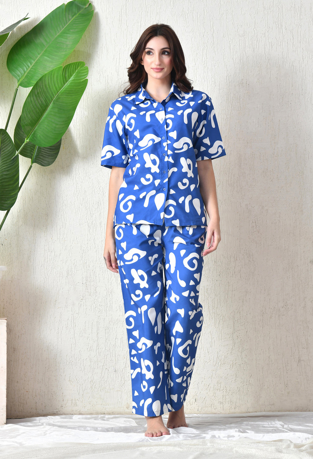 Royal Blue Abstract Printed Japanese Blend Cotton Shirt & Pyjama Set by Ameerah