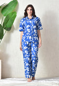 Royal Blue Abstract Printed Japanese Blend Cotton Shirt & Pyjama Set by Ameerah
