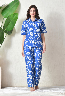 Royal Blue Abstract Printed Japanese Blend Cotton Shirt & Pyjama Set by Ameerah
