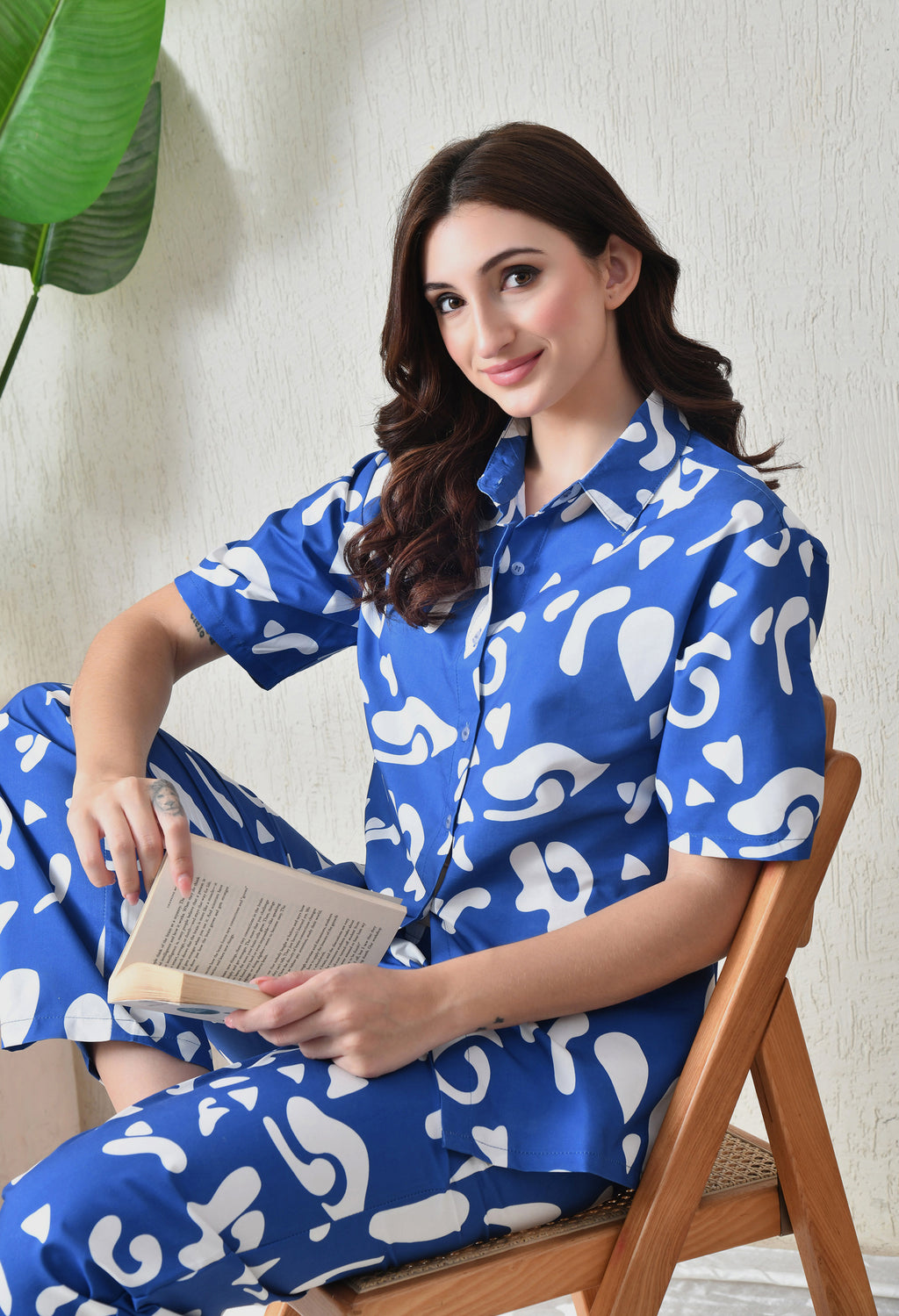Royal Blue Abstract Printed Japanese Blend Cotton Shirt & Pyjama Set by Ameerah