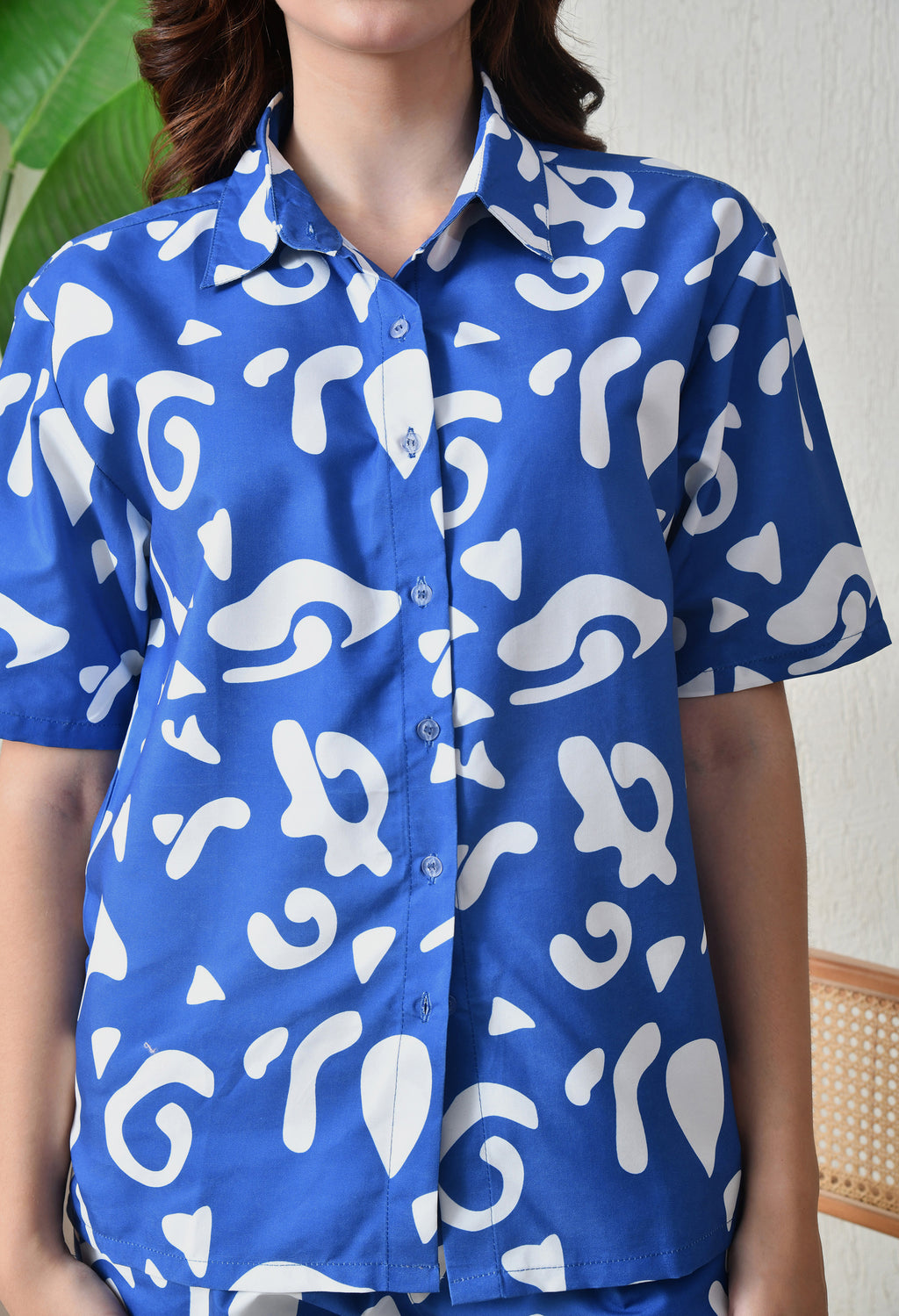 Royal Blue Abstract Printed Japanese Blend Cotton Shirt & Pyjama Set by Ameerah