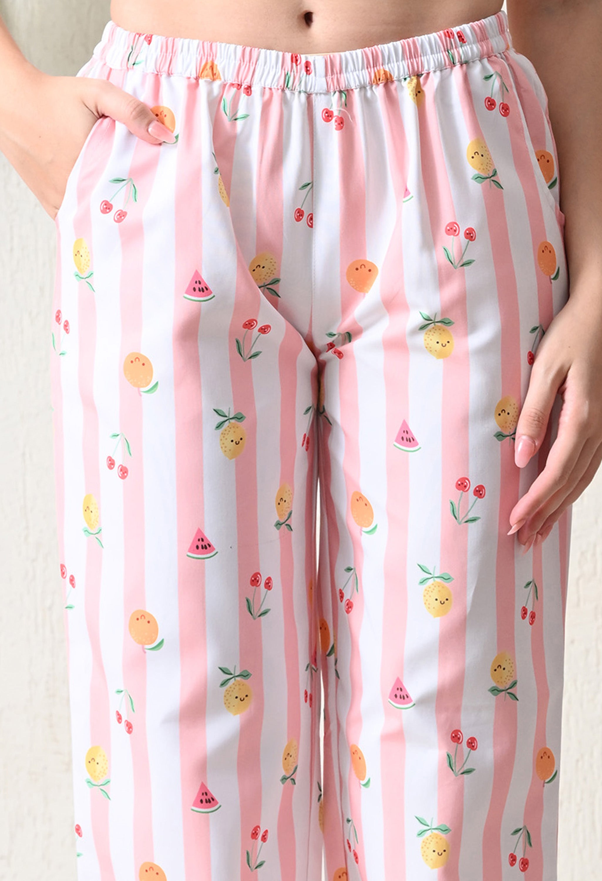 Peach Pink Striped Fruit Printed Japanese Blend Cotton Nightsuit Set by Ameerah