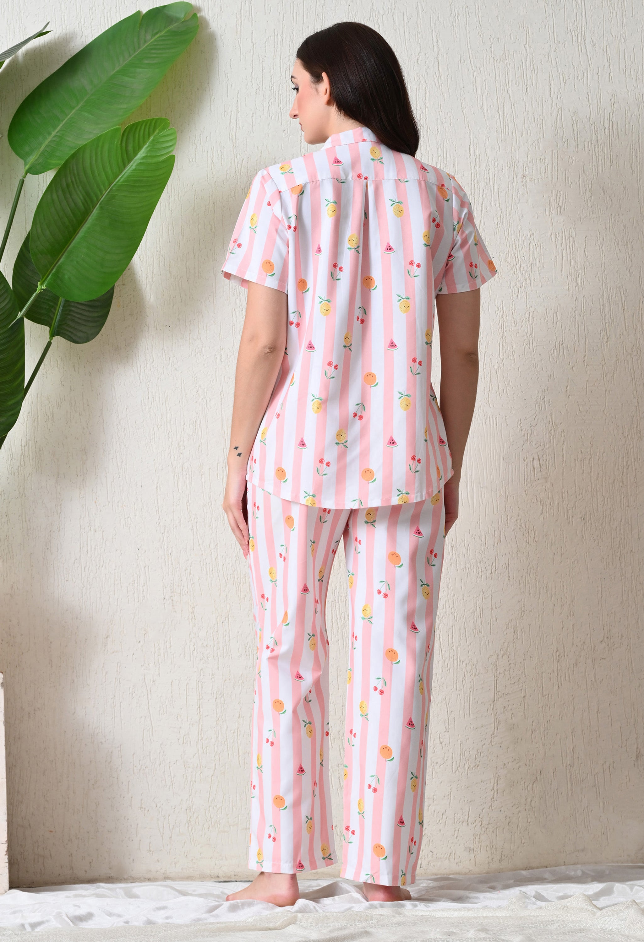 Peach Pink Striped Fruit Printed Japanese Blend Cotton Nightsuit Set by Ameerah