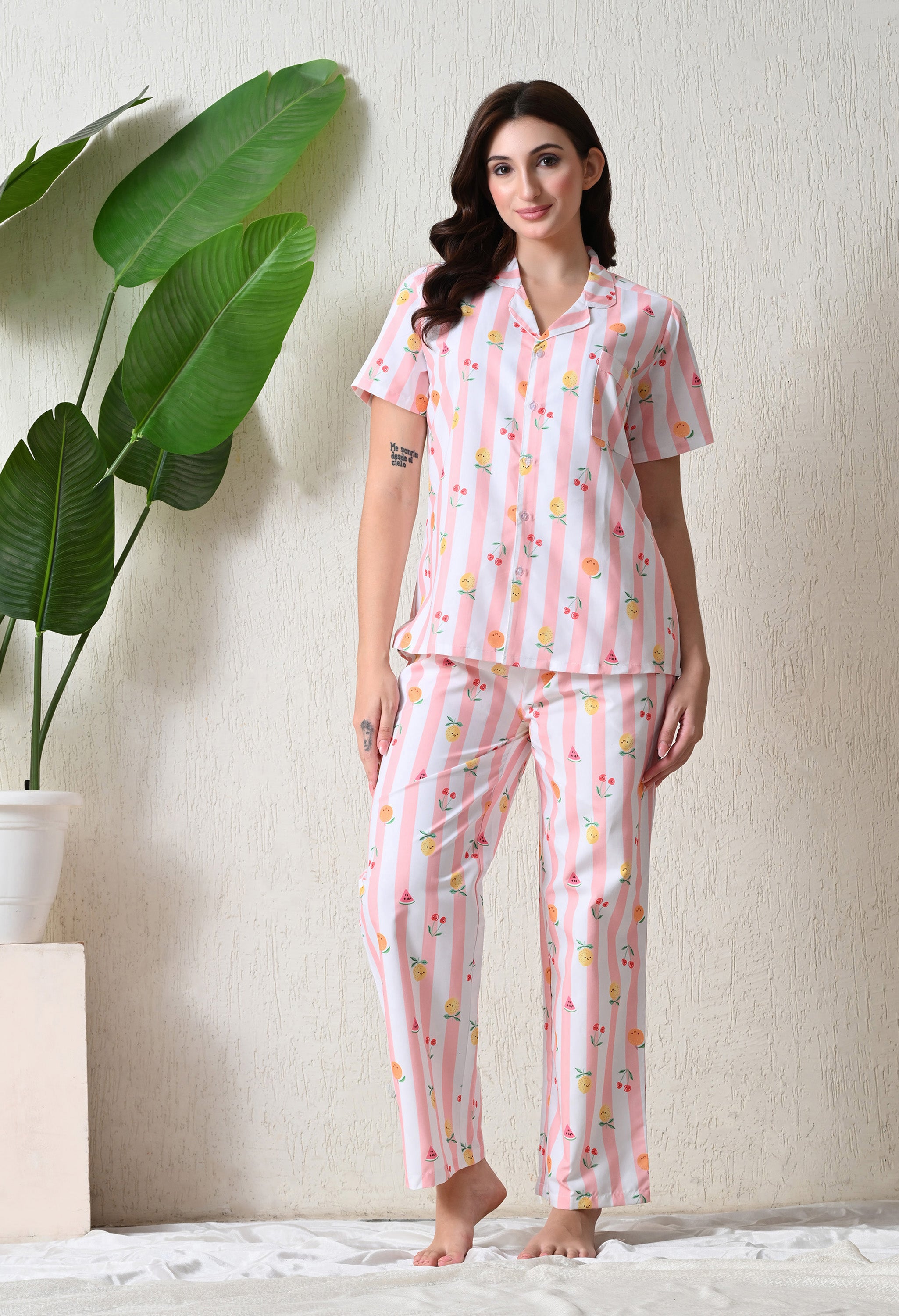 Peach Pink Striped Fruit Printed Japanese Blend Cotton Nightsuit Set by Ameerah