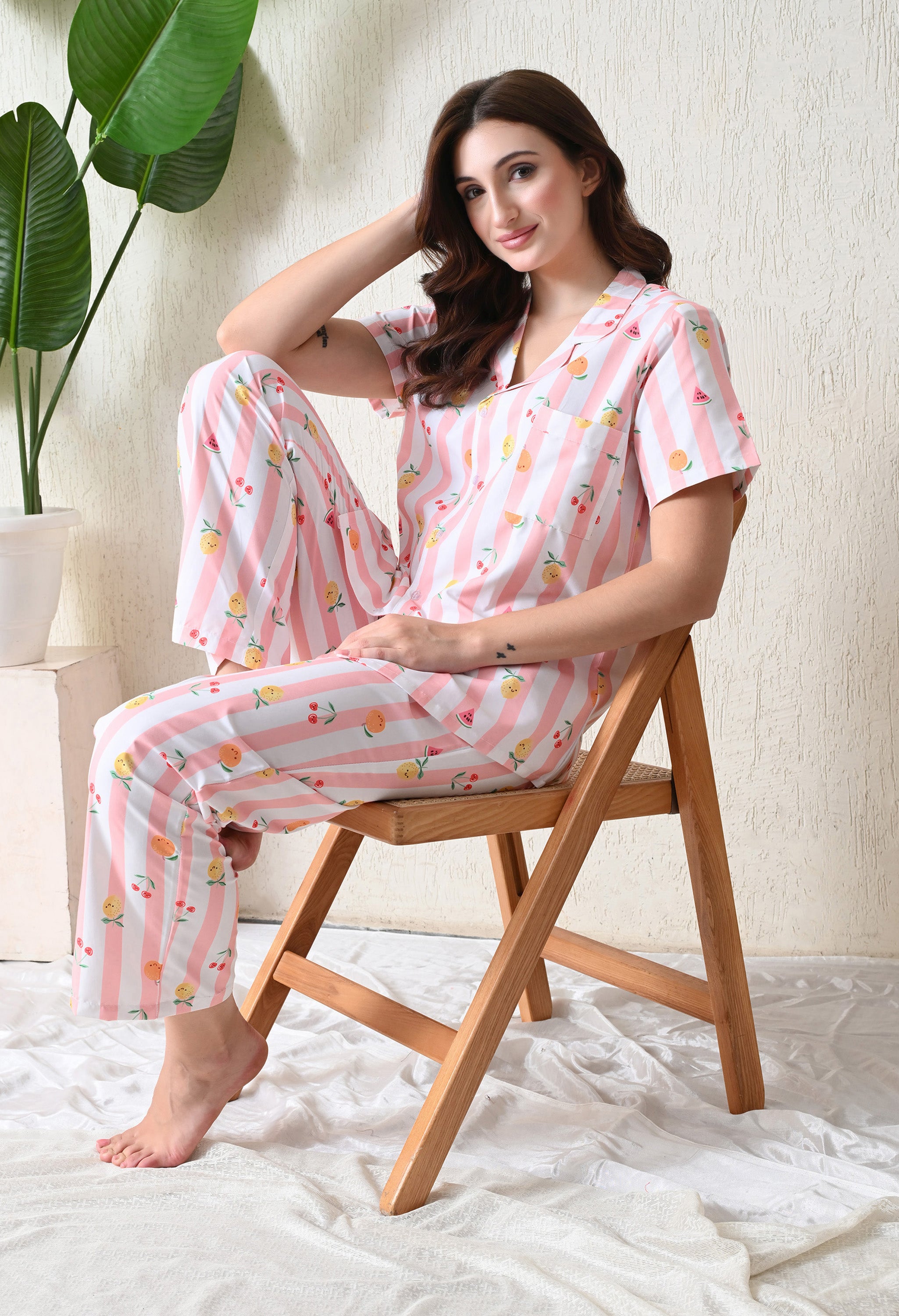 Peach Pink Striped Fruit Printed Japanese Blend Cotton Nightsuit Set by Ameerah