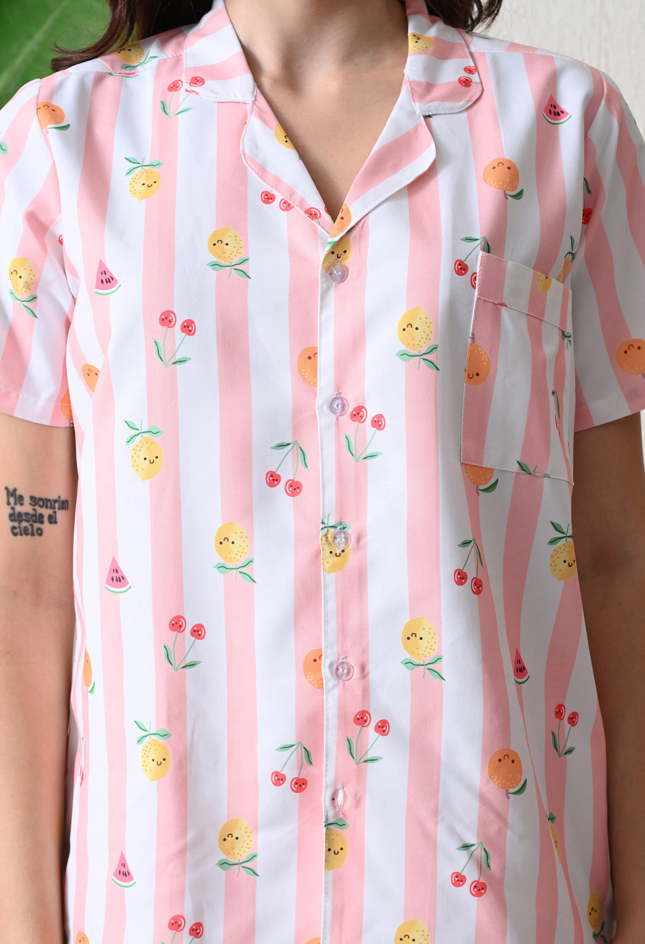 Peach Pink Striped Fruit Printed Japanese Blend Cotton Nightsuit Set by Ameerah