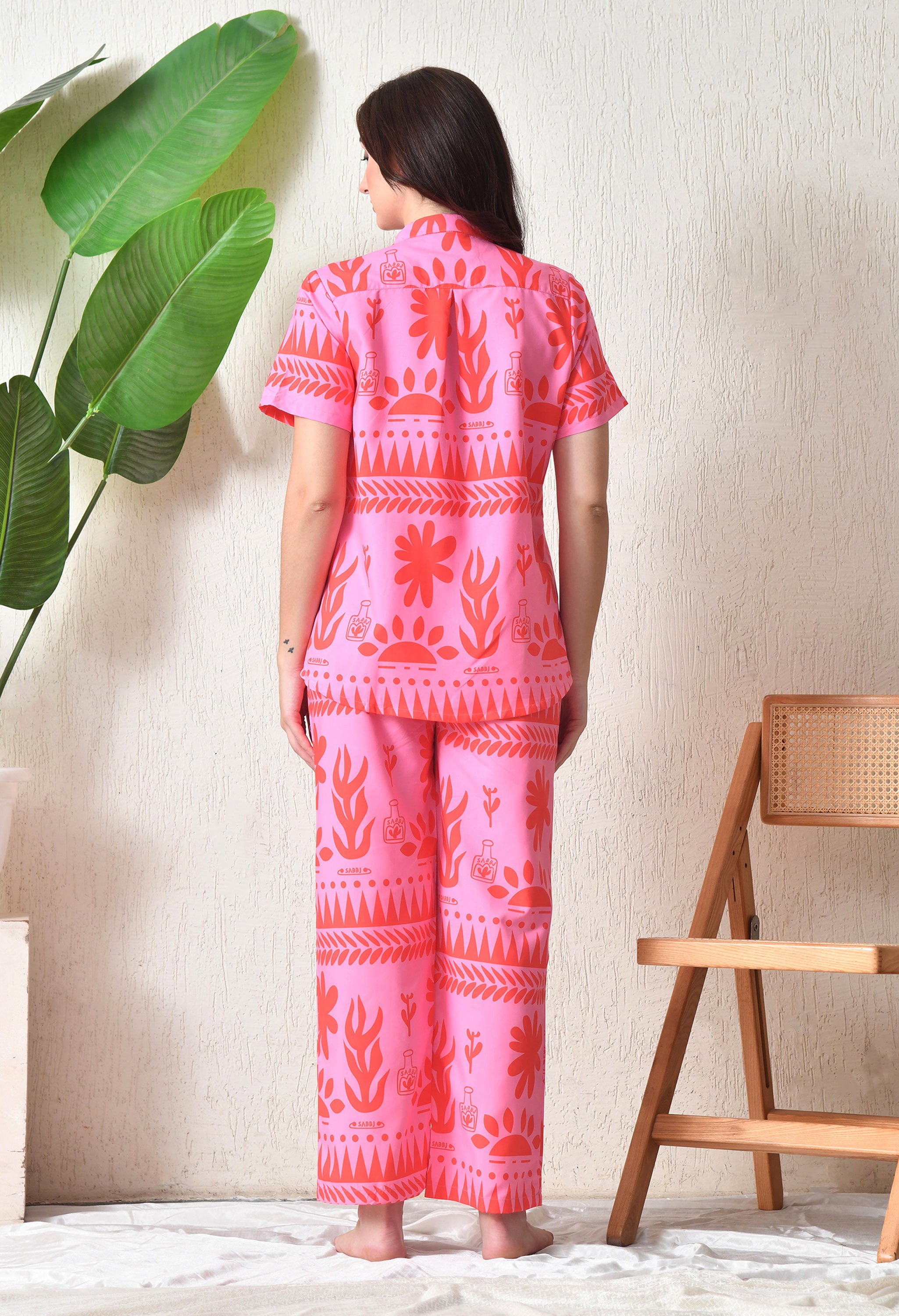 Candy Pink Abstract Printed Japanese Blend Cotton Nightsuit Set by Ameerah