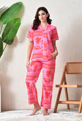 Candy Pink Abstract Printed Japanese Blend Cotton Nightsuit Set by Ameerah