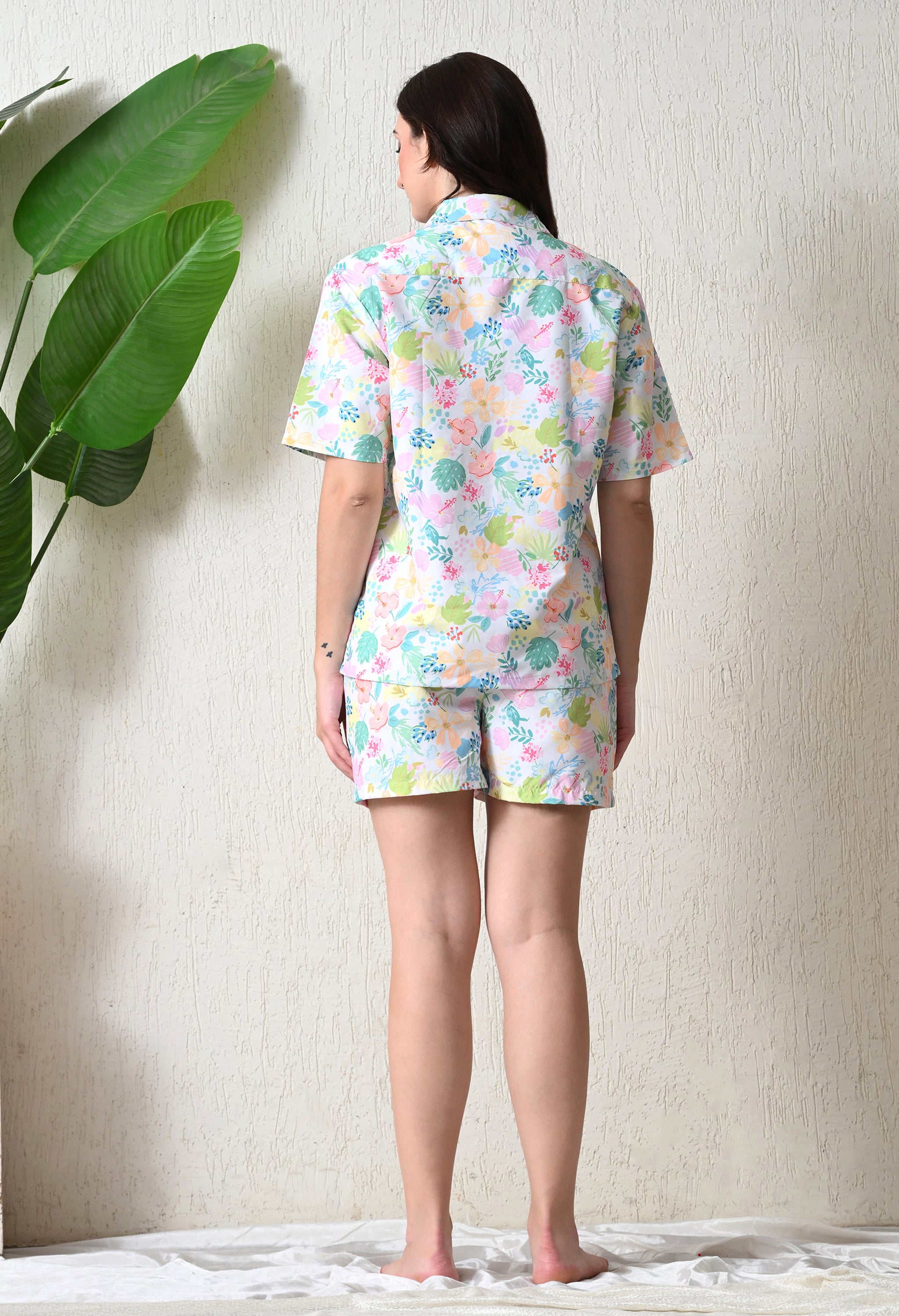 White Pastel Floral Printed Japanese Blend Cotton Shirt & Short Set by Ameerah