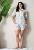 White Pastel Floral Printed Japanese Blend Cotton Shirt & Short Set by Ameerah